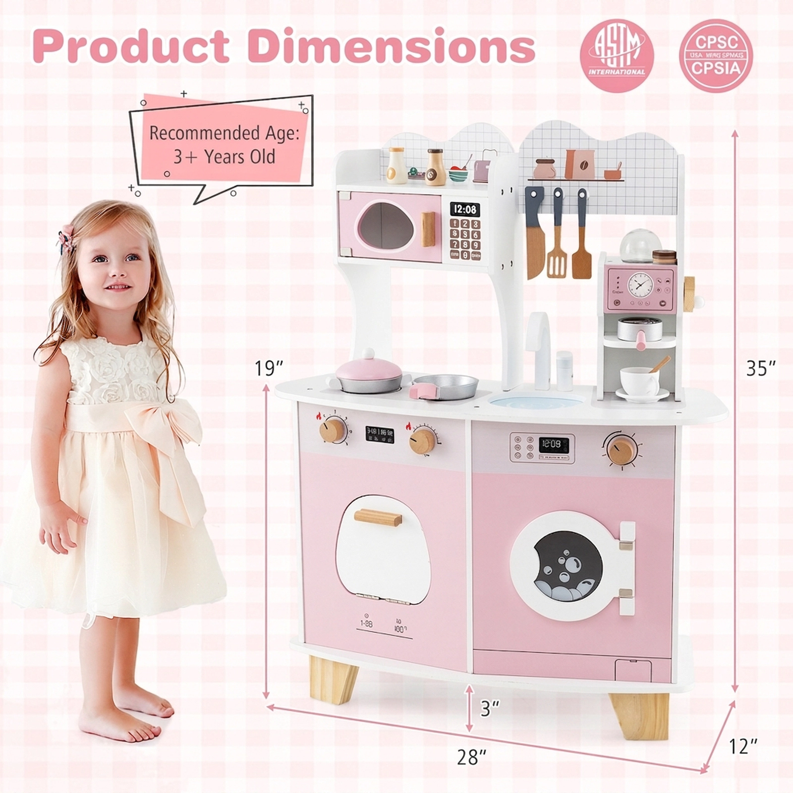 Wooden Kids Kitchen Playset with Coffee Maker Washing Machine Utensil Rack and Support Legs 28-in x 12-in x 35-in Pink