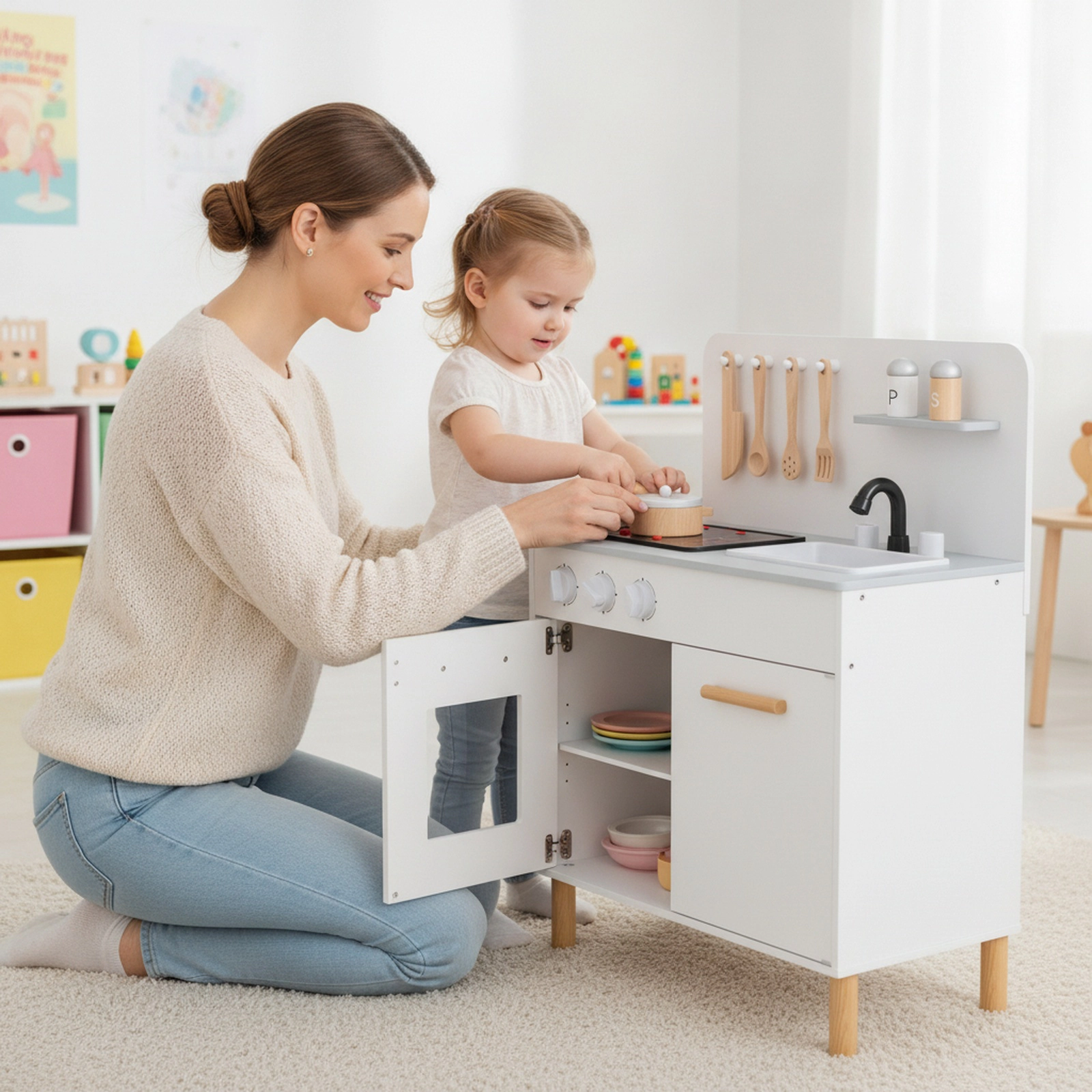 Kids Kitchen Playset with Dual Lighted Stoves Removable Sink Rotatable Faucet and Pine Legs 22-in x 12-in x 30-in White