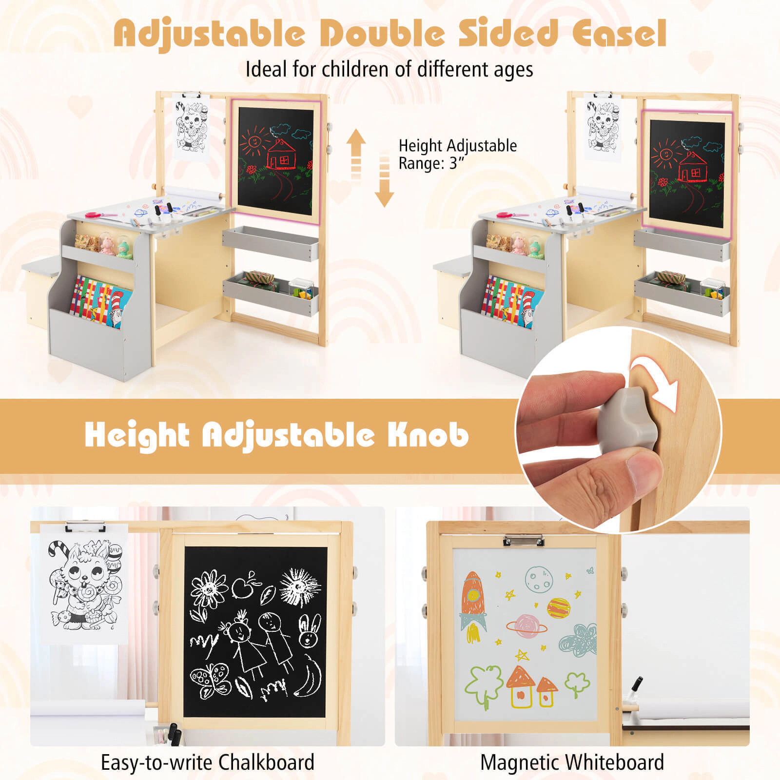 SUGIFT Kids Art Table and Bench Set with Double-Sided Easel, Magnetic Whiteboard, Chalkboard, Paper Roll, Gray