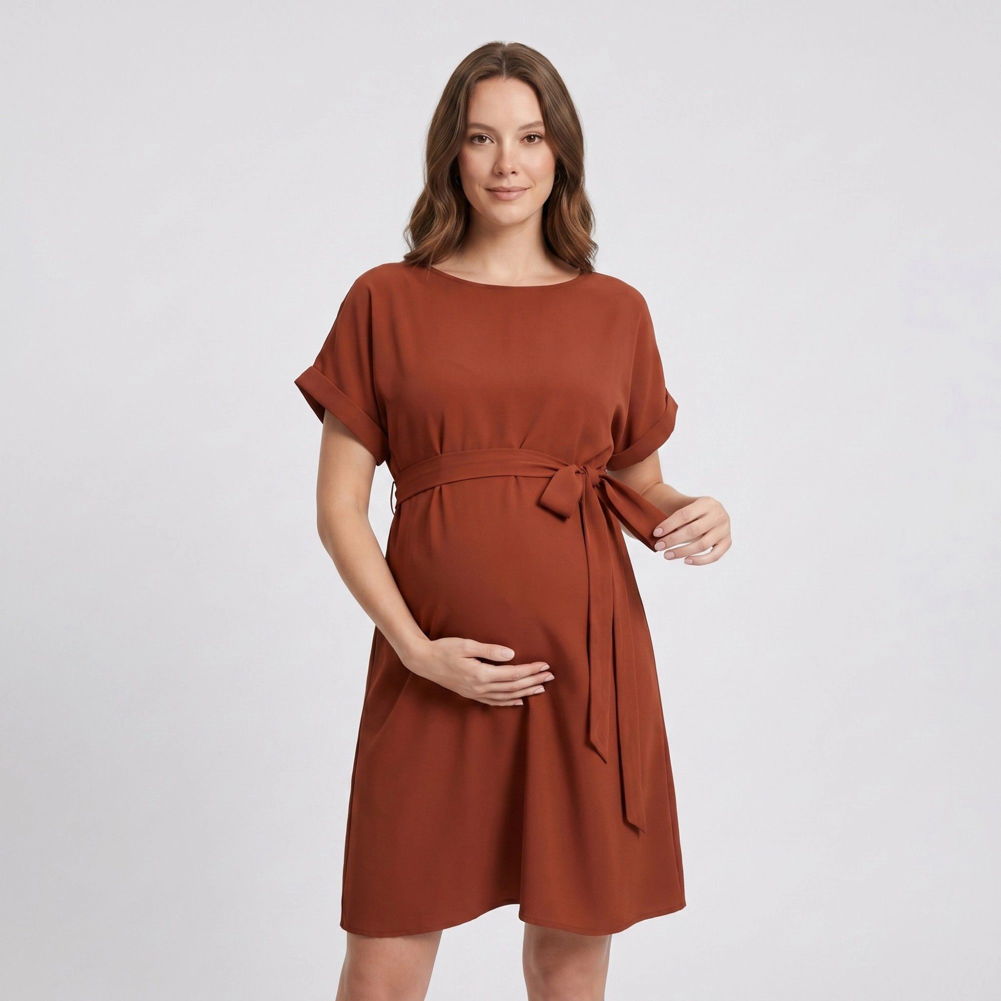 Anna-Kaci Women's Maternity Short Sleeve Tie Waist Relaxed A Line Fit Dress