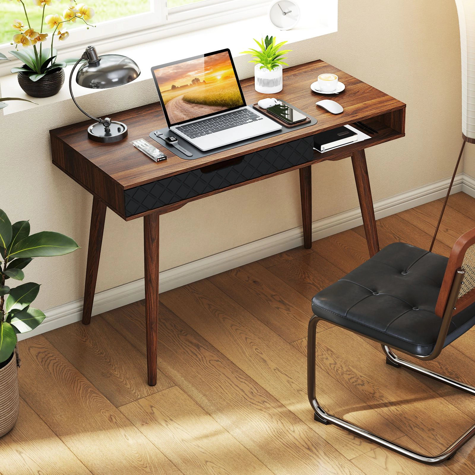 SlickBlue Brown Black Writing Desk with Drawer and Storage Compartment