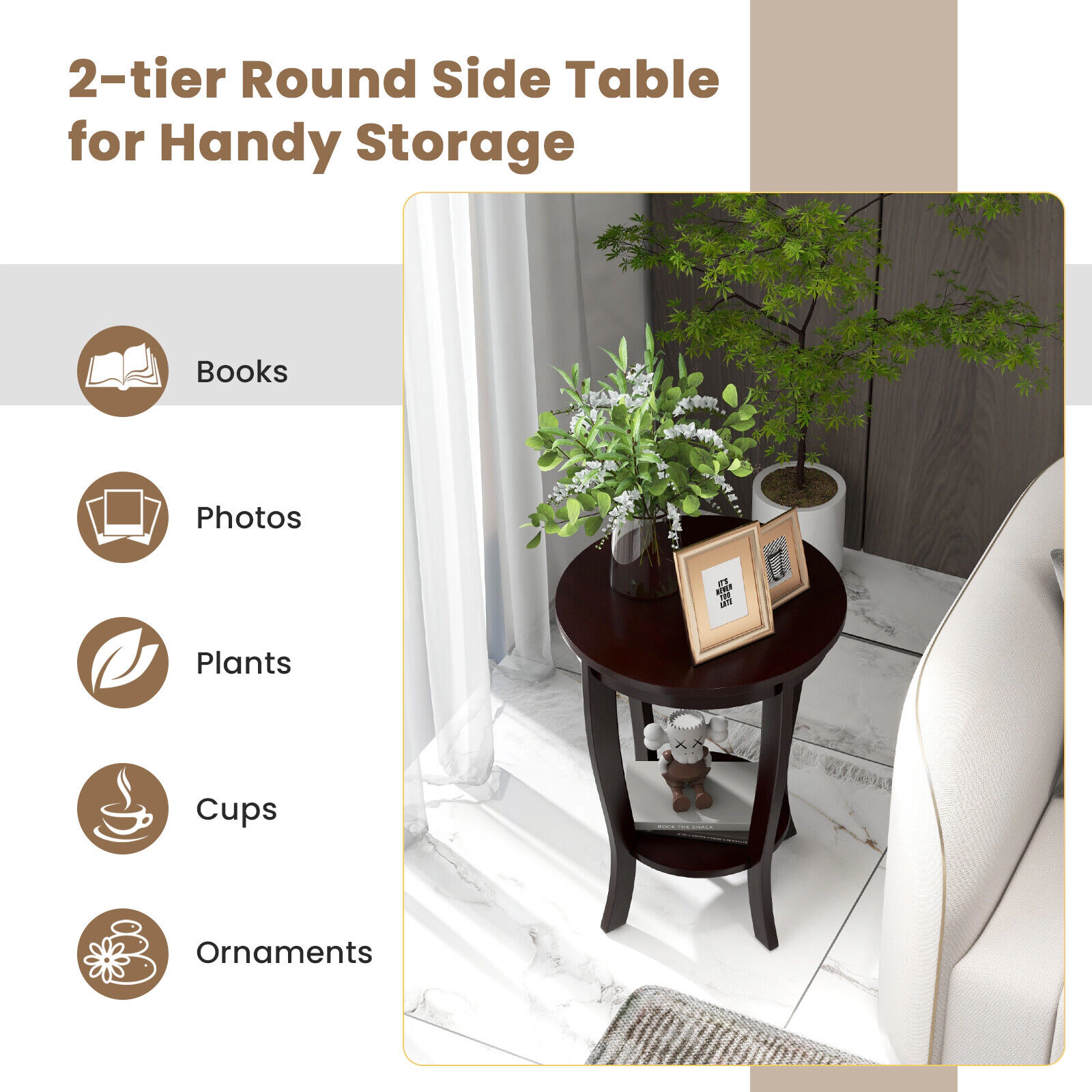 SUGIFT 2-tier Round End Table with Solid Wood Legs 170-lb Capacity Espresso