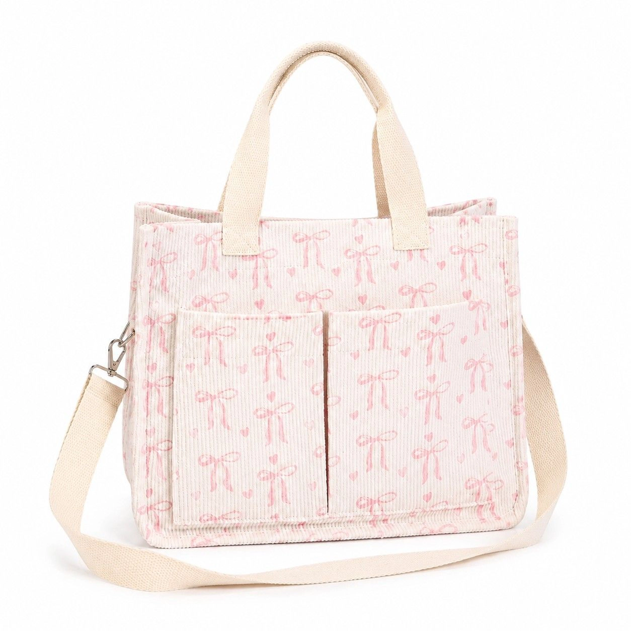 Alilang Women's Canvas Tote Bag with Bow Print Large Capacity Lightweight Adjustable Shoulder Bag, Beige