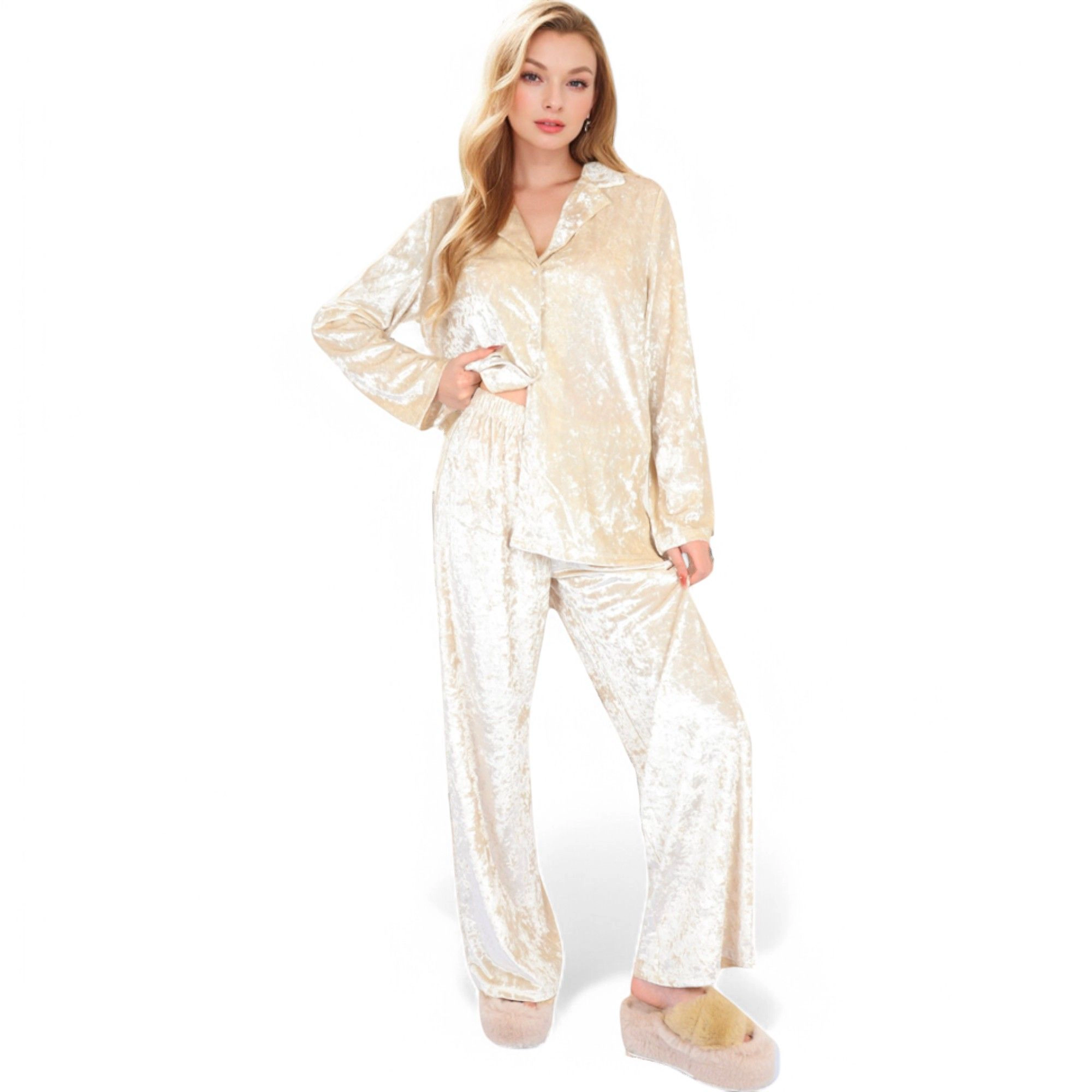 Anna-Kaci Women's Crushed Velvet Lounge Set with Button Up Long Sleeve Top and Wide Leg Pants