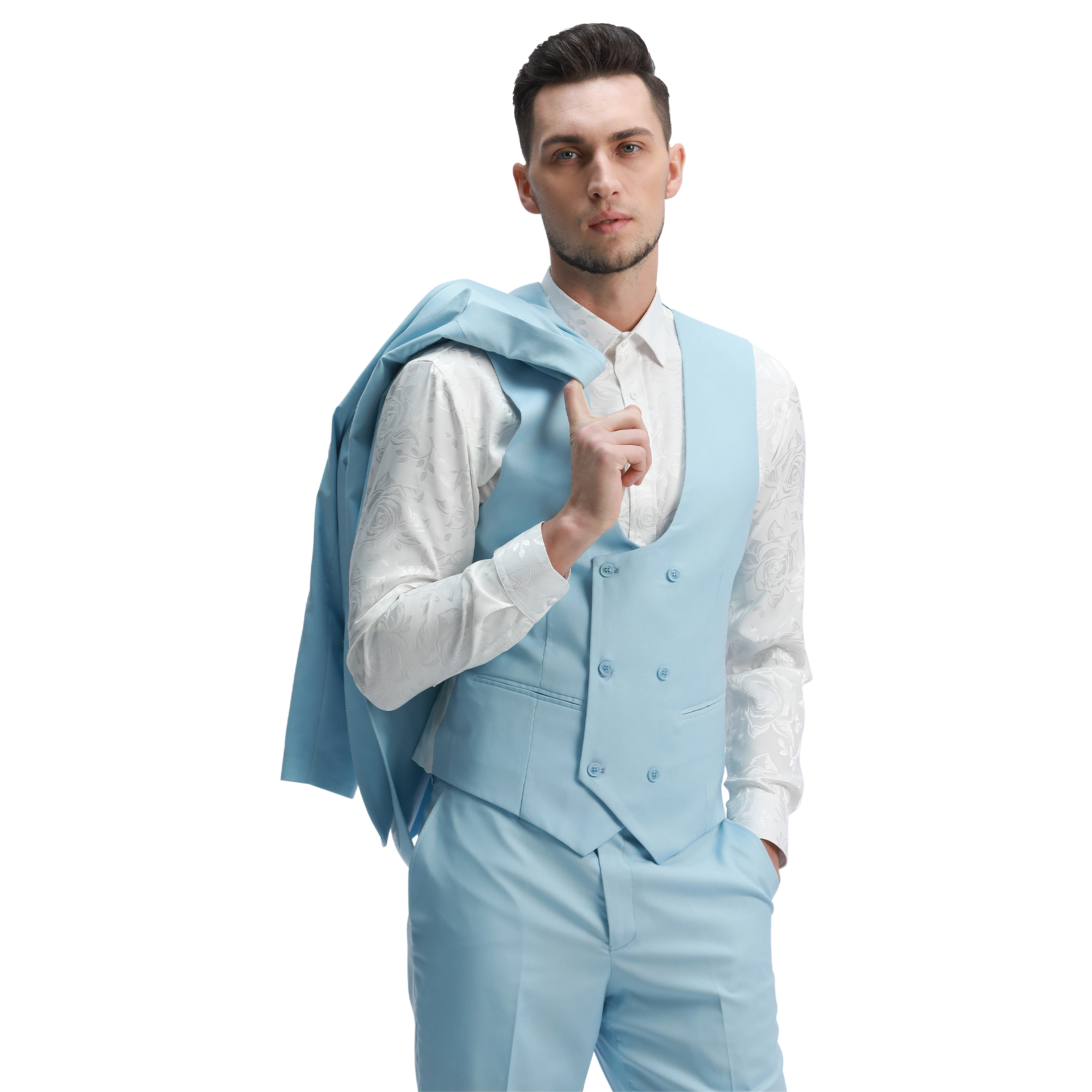 Tazzio Men's Skinny Fit 3 Piece Solid Suit Set, Double Breasted Vest