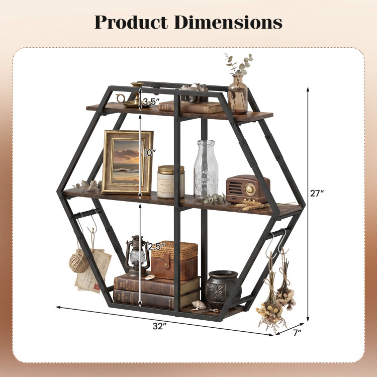 Hivvago 3-Tier Geometric Bookcase with S-Shaped Hooks for Living Room