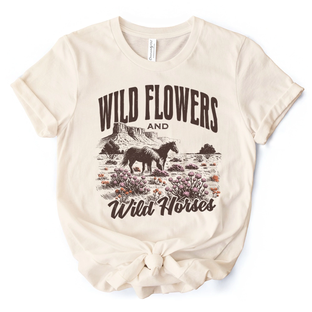 OrnamentallyYou Unisex Wild Flowers And Horses T-Shirt