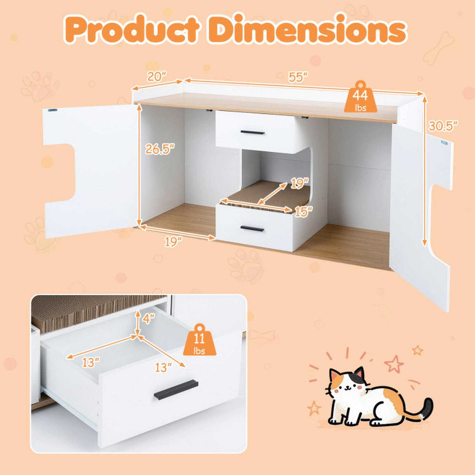 SUGIFT 55 x 30.5-in Natural Extra Large Hidden Cat Litter Box Enclosure Cabinet with 2 Drawers and 2 Doors