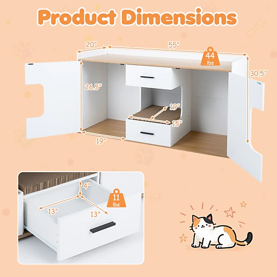 SUGIFT 55 x 30.5-in Natural Extra Large Hidden Cat Litter Box Enclosure Cabinet with 2 Drawers and 2 Doors