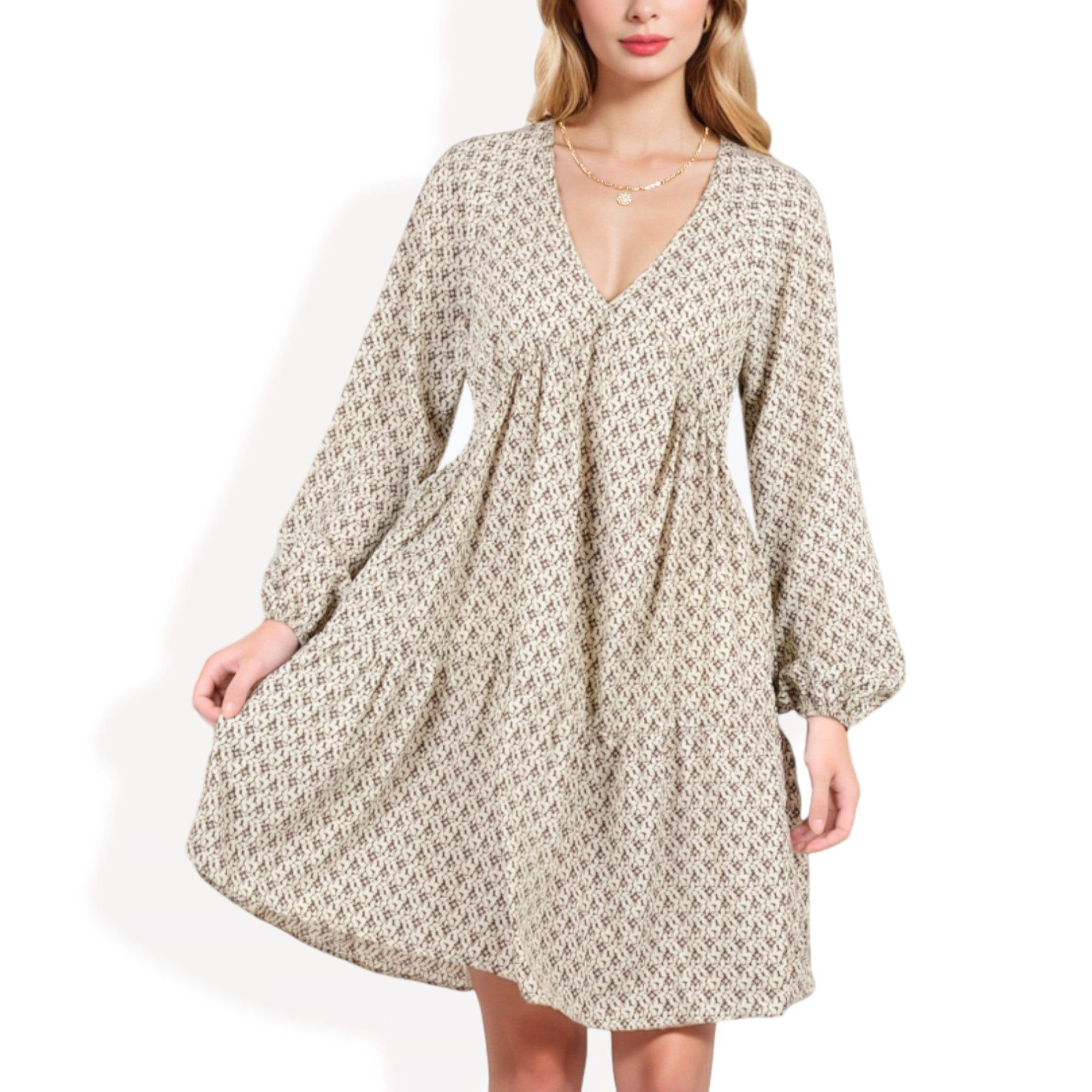 Anna-Kaci Women's Long Sleeve V Neck Boho Print Gathered Waist Dress