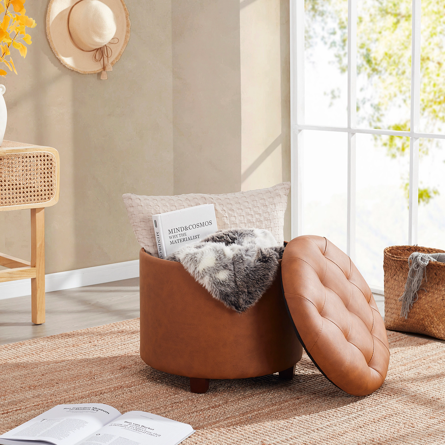Ornavo Home Faux Leather Round Storage Ottoman with Legs and Lift Off Lid