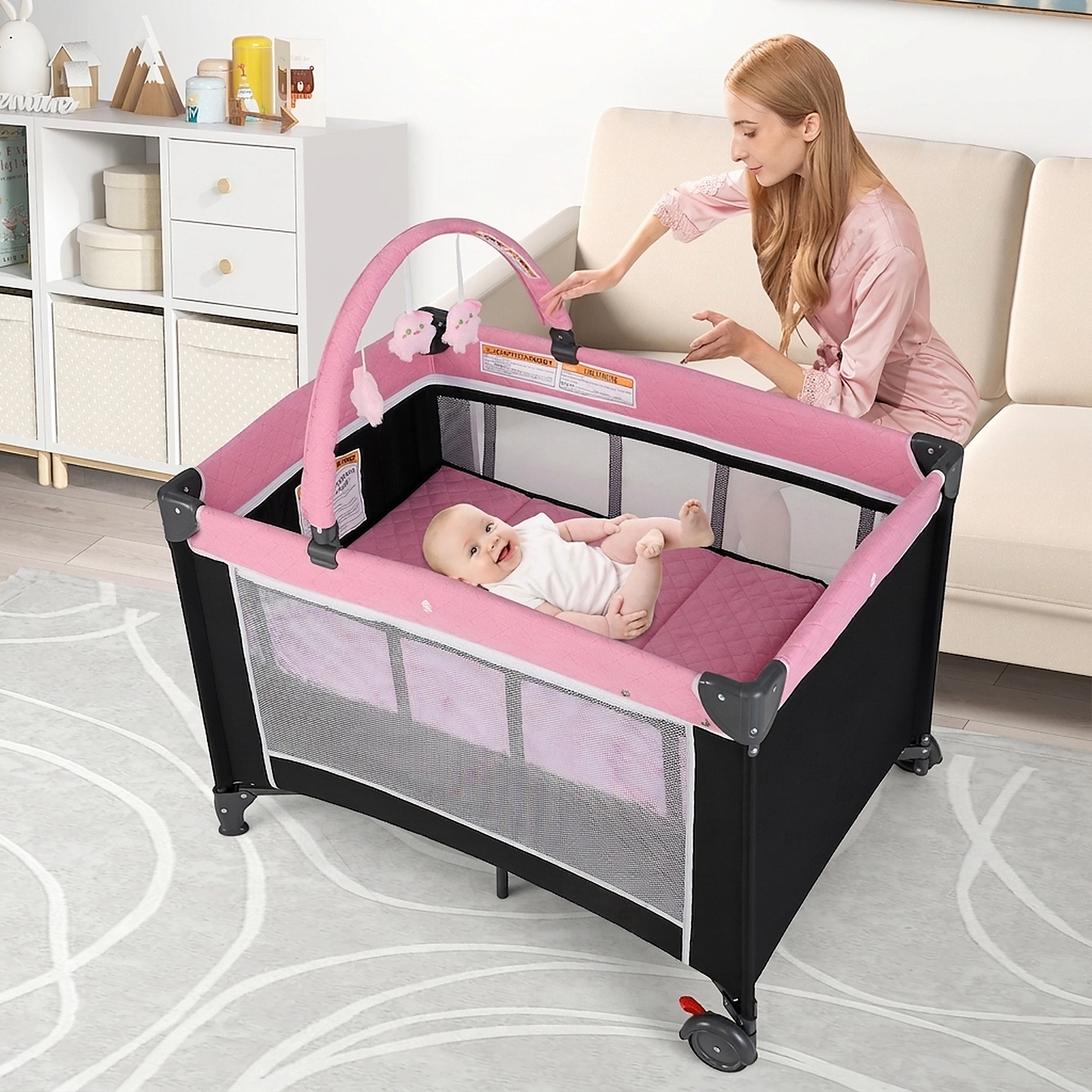 SUGIFT 3-in-1 Portable Baby Crib Bassinet and Playpen with Waterproof Changing Table 19.8-lb Capacity Ages 0-3 Years