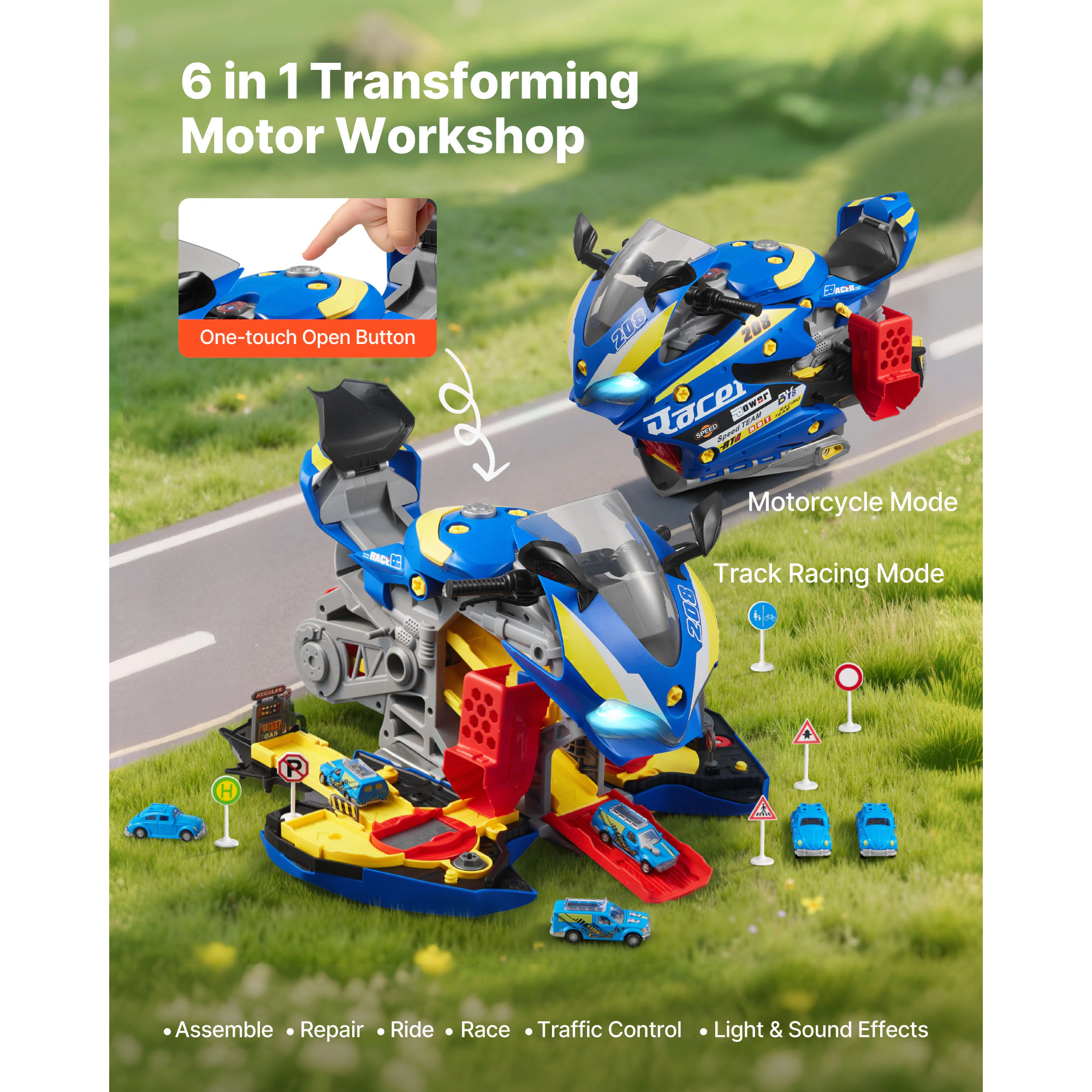 HONGGE Motorcycle Engine Toy 25 Pieces Mechanic with Removable Parts Lights & Sounds Simulated Riding