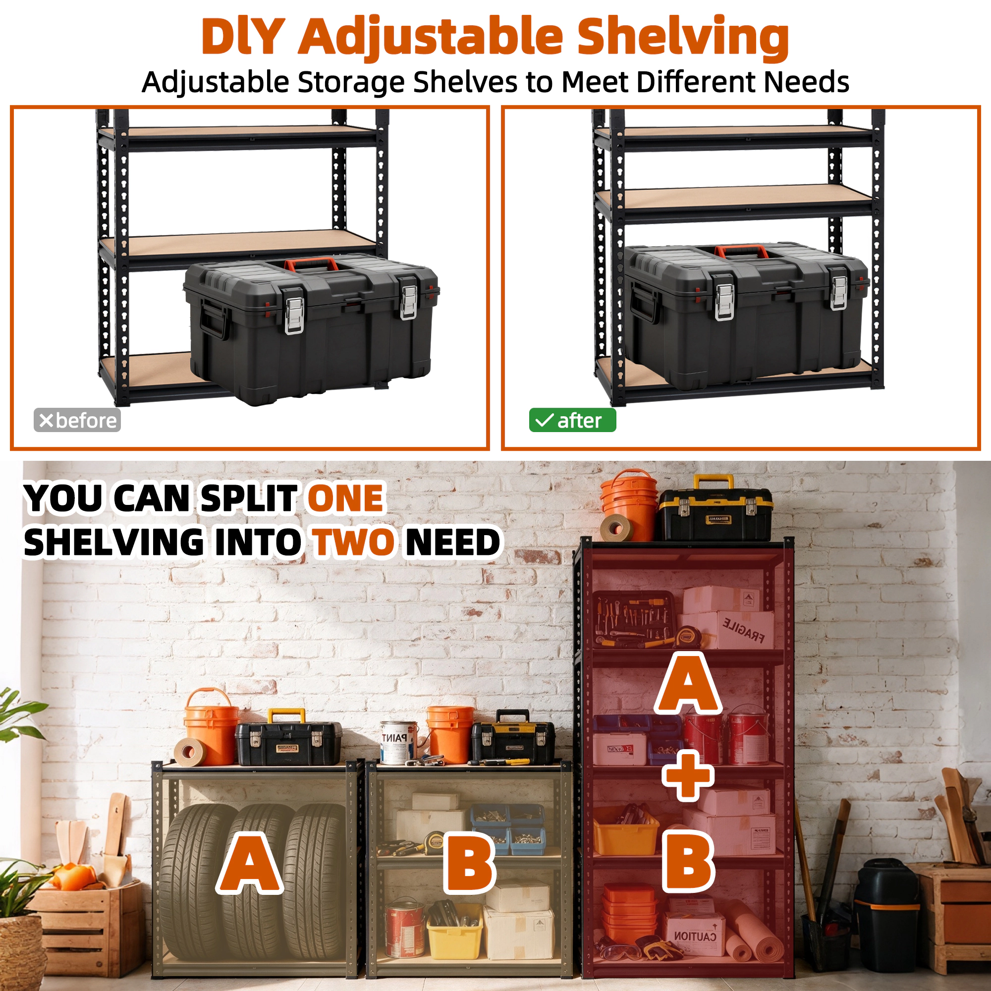 Flynama 5-Tier Freestanding Garage Shelving, Heavy Duty Steel, Adjustable, Black (35"W x 72"H x 16"D)