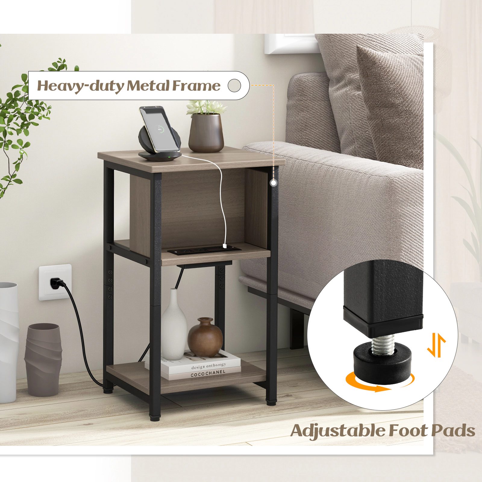 SUGIFT 3-Tier End Table with Hidden Power Strip 176-lb Total Capacity Gray & Black Engineered Wood and Metal 1 Piece
