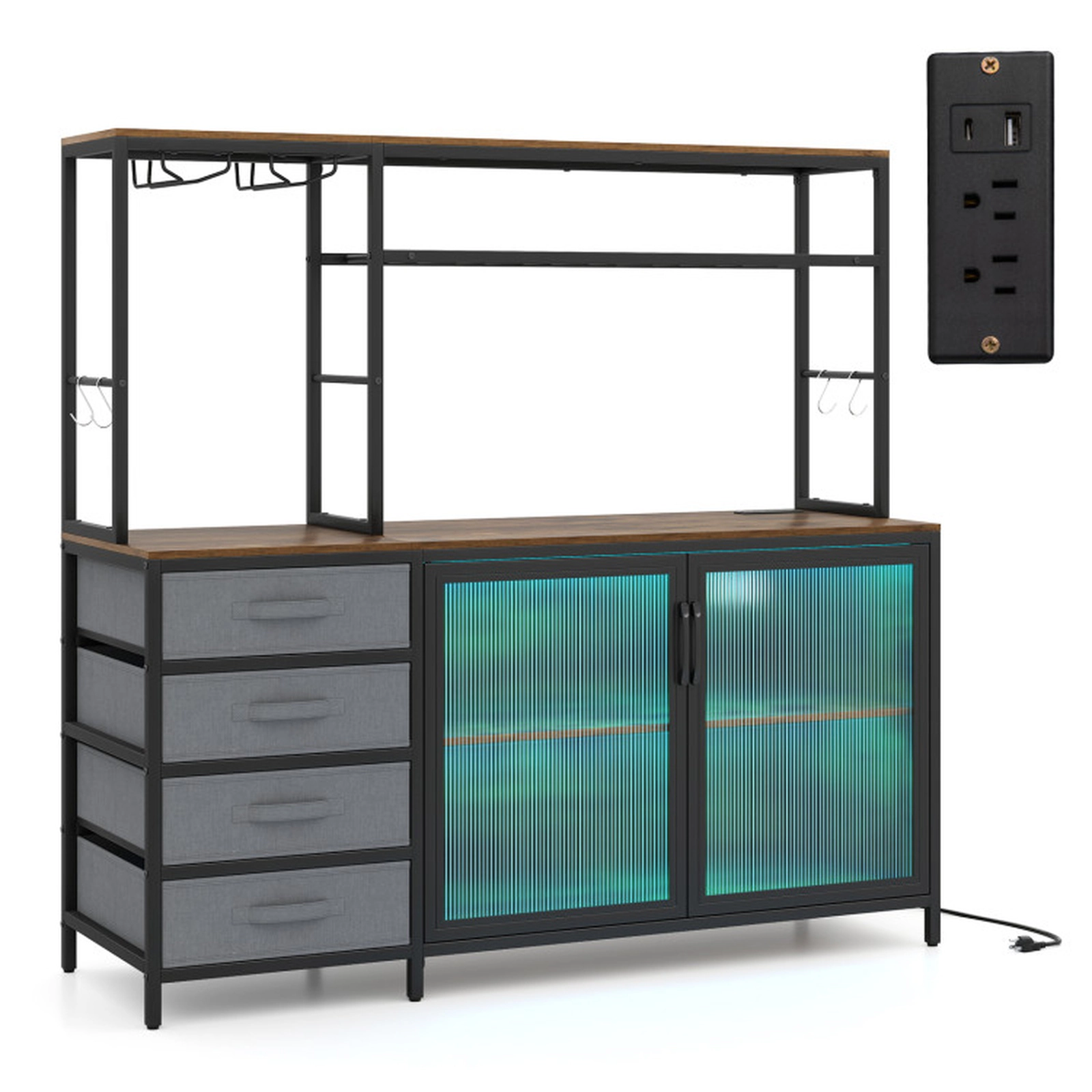 SUGIFT LED-Lit Sideboard Buffet Cabinet with Charging Station 88-lb Tabletop Rustic Brown