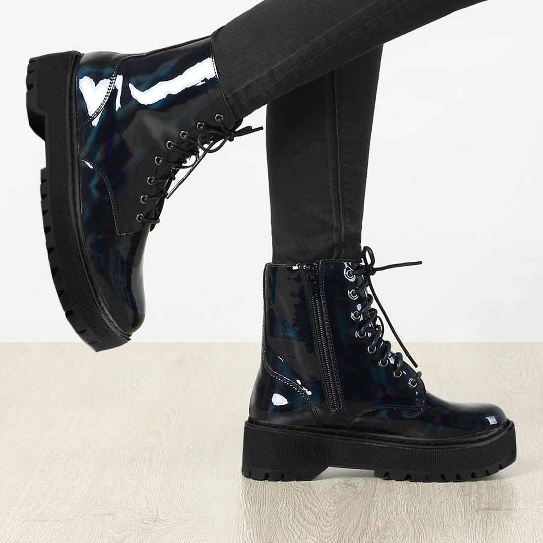 BLISSFUL STEP Women Faux Leather Round Toe Platform Flat Heels Combat Boots