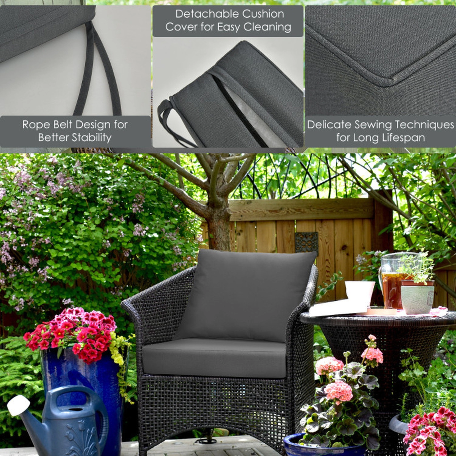 SUGIFT Deep Seat Chair Cushion Pads Set with Rope Belts for Indoor and Outdoor Gray