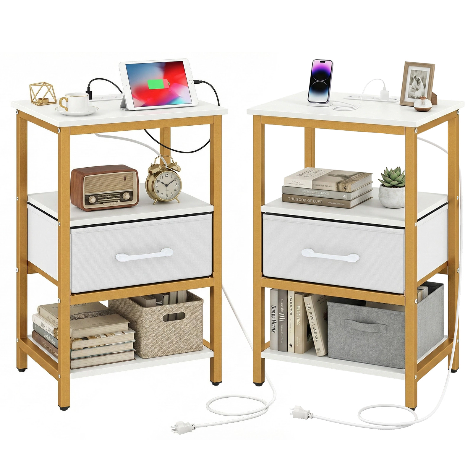 Glintex 2-Piece Nightstand Set with Charging Stations and Foldable Fabric Drawers, White
