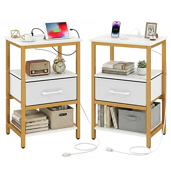 Glintex 2-Piece Nightstand Set with Charging Stations and Foldable Fabric Drawers, White