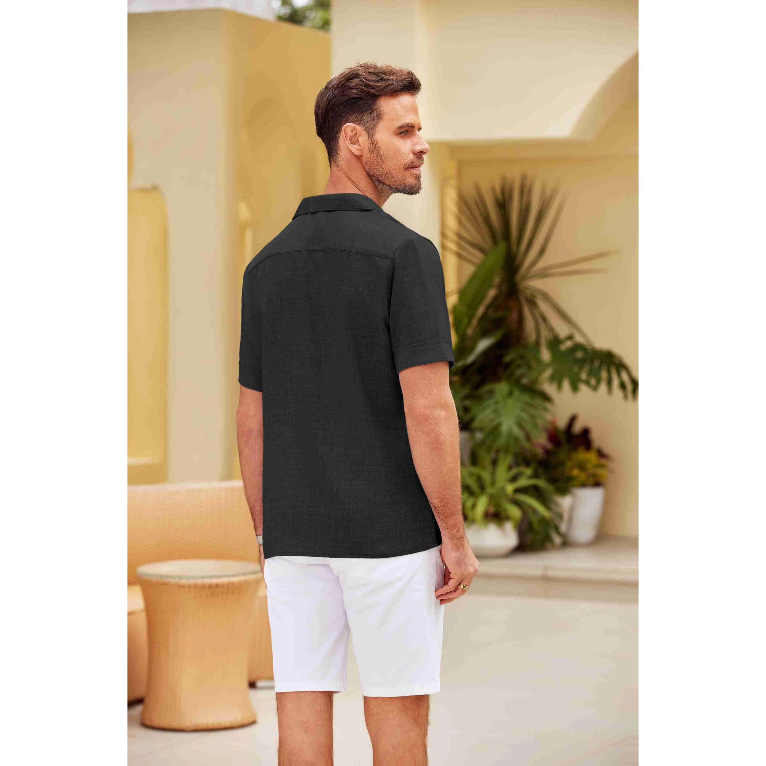 COOFANDY Men's Regular Fit Lightweight Linen Blend Short Sleeve Camp Shirt