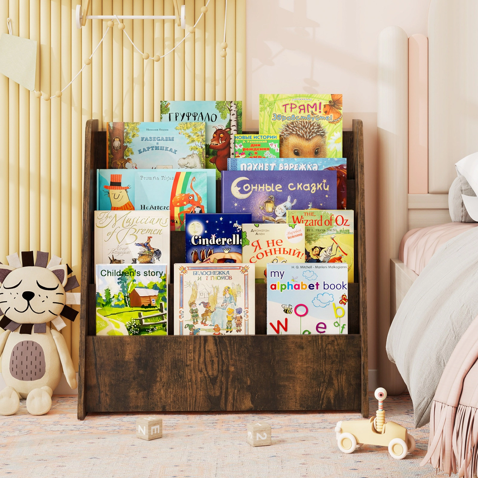 SUGIFT Kids 4-Tier Front Facing Display Shelves Faux Wood Grain Bookshelf 22.5-in x 10.5-in x 23-in Rustic Brown