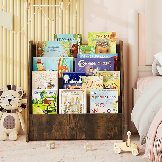 SUGIFT Kids 4-Tier Front Facing Display Shelves Faux Wood Grain Bookshelf 22.5-in x 10.5-in x 23-in Rustic Brown