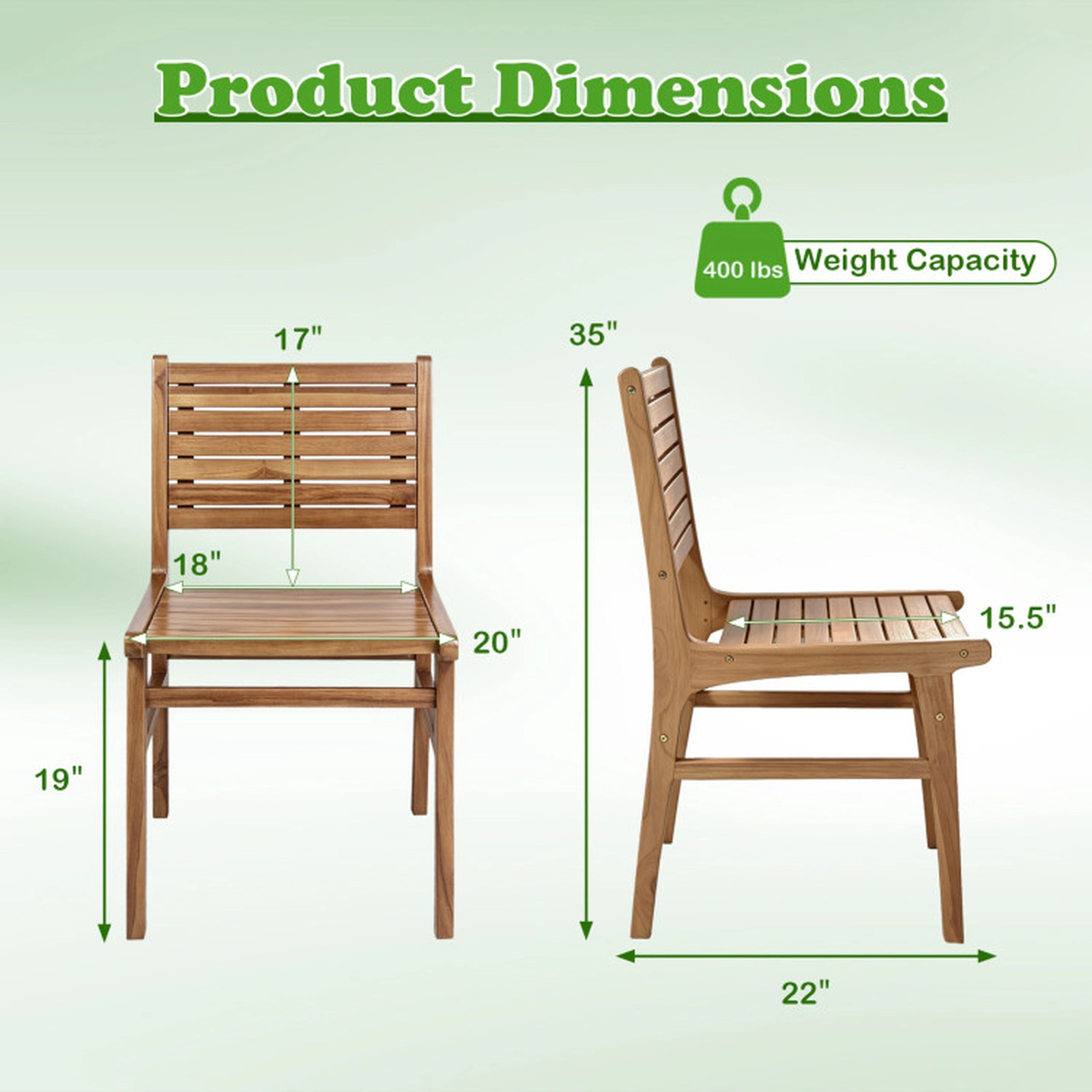 SUGIFT Teak Wood Armless Patio Dining Chair with Slanted Back and Slatted Seat Natural