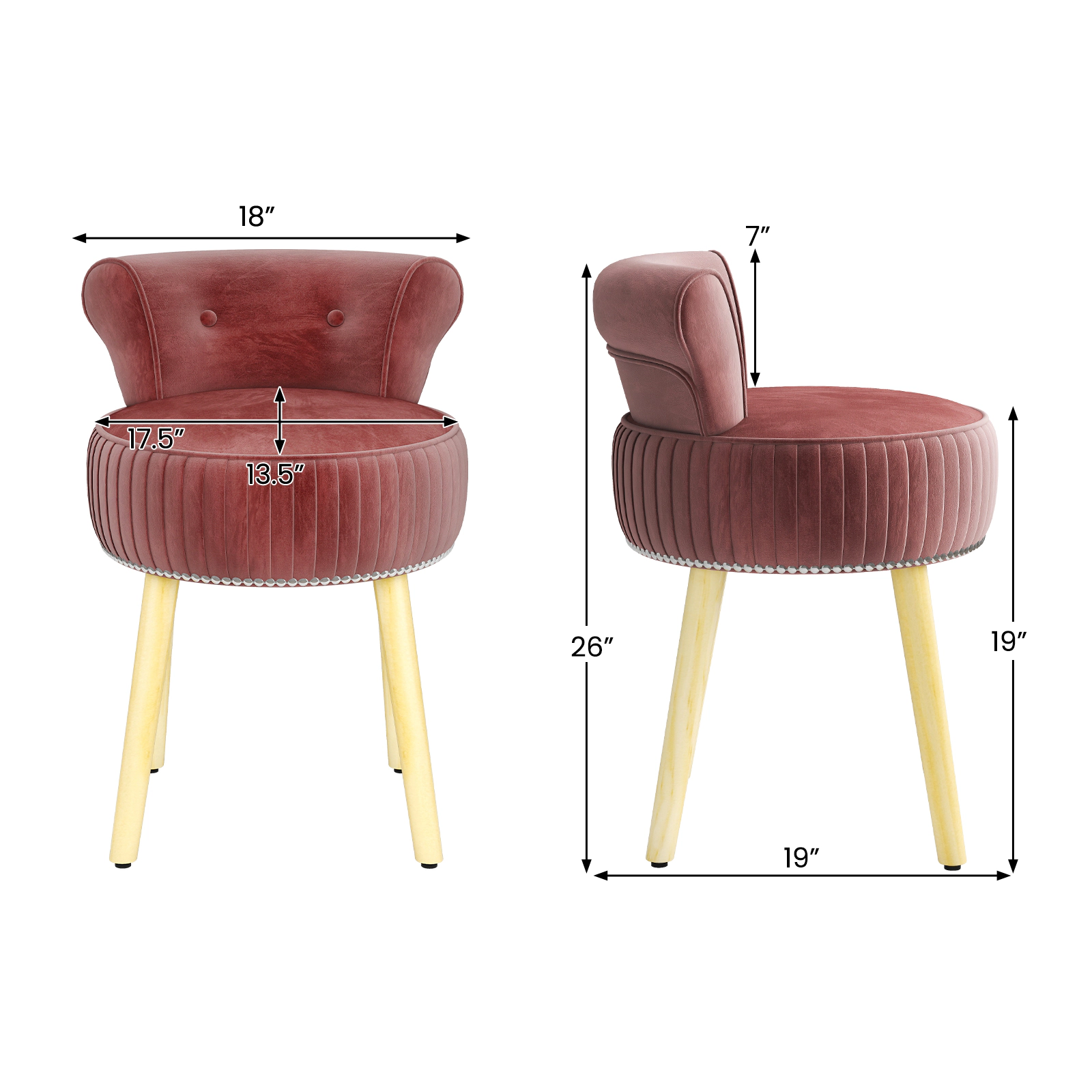 SUGIFT Pink Velvet Tufted Vanity Chair, Upholstered Stool with Back, Rubberwood Legs