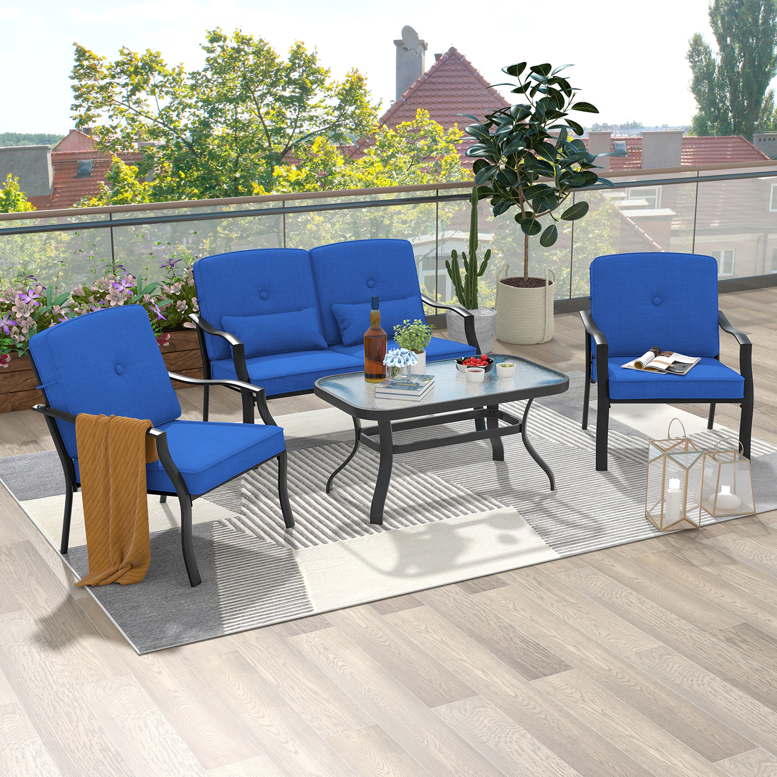 SUGIFT 2-Piece Navy Patio Metal Loveseat Set with Glass Table 48-in W 30-in D 29-in H 660-lb Loveseat Capacity