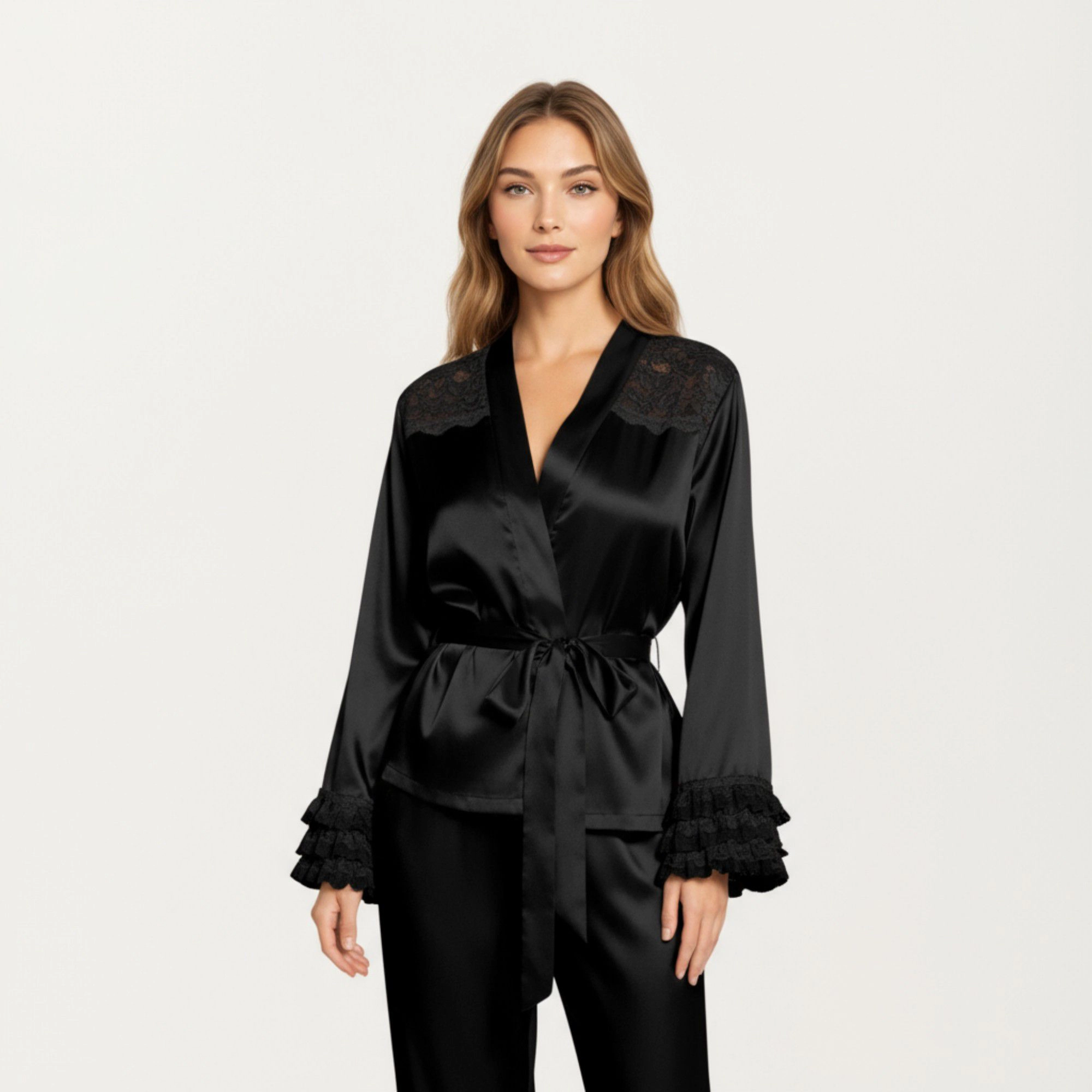 Anna-Kaci Women's 2-Piece Satin Lace Shoulder Long Sleeve Top with Ruffle Cuff Pants