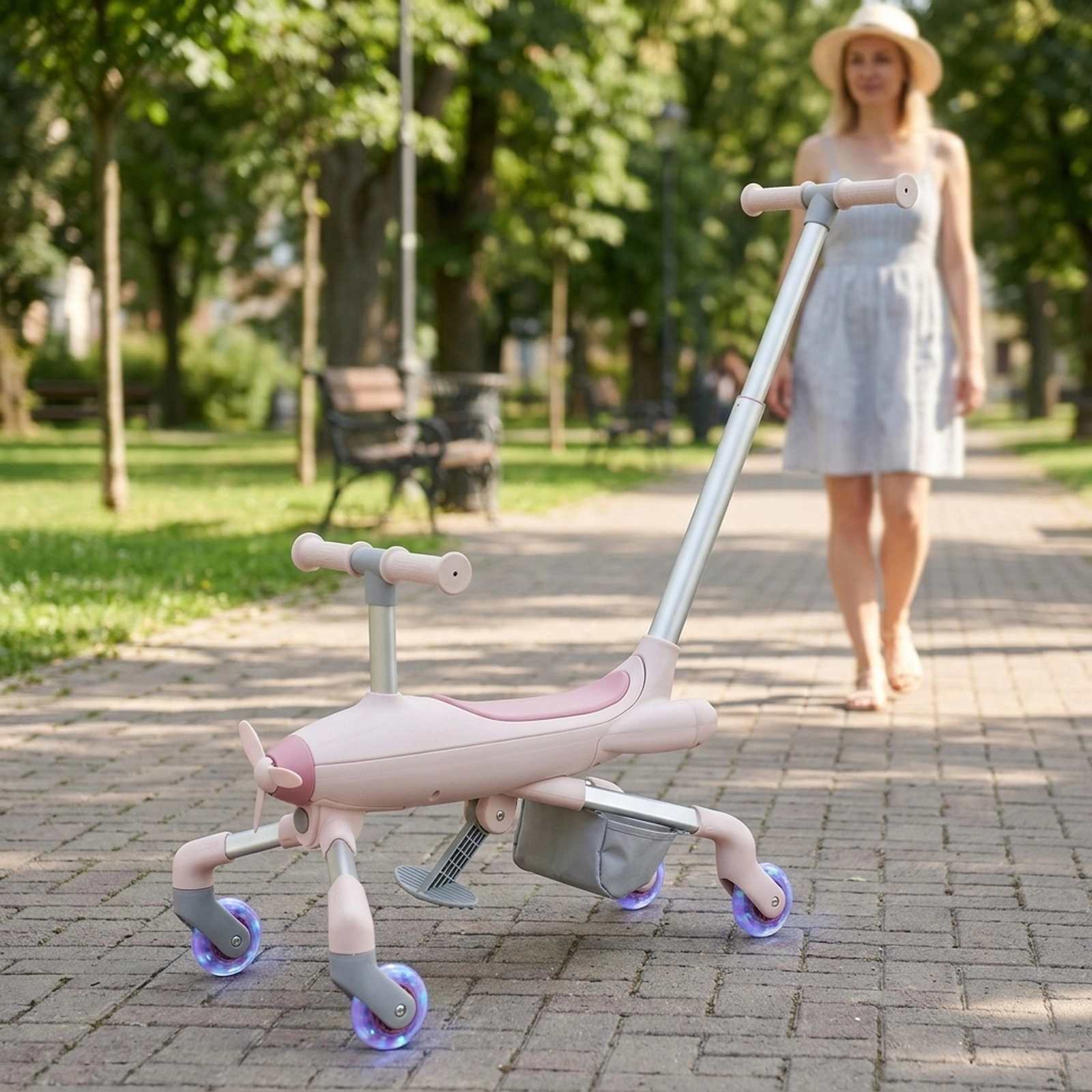 2-in-1 Toddler Push Car Battery-Free LED Wheels 4-Position Parent Handle Swivel Front Wheels Storage 18-60 Months Pink