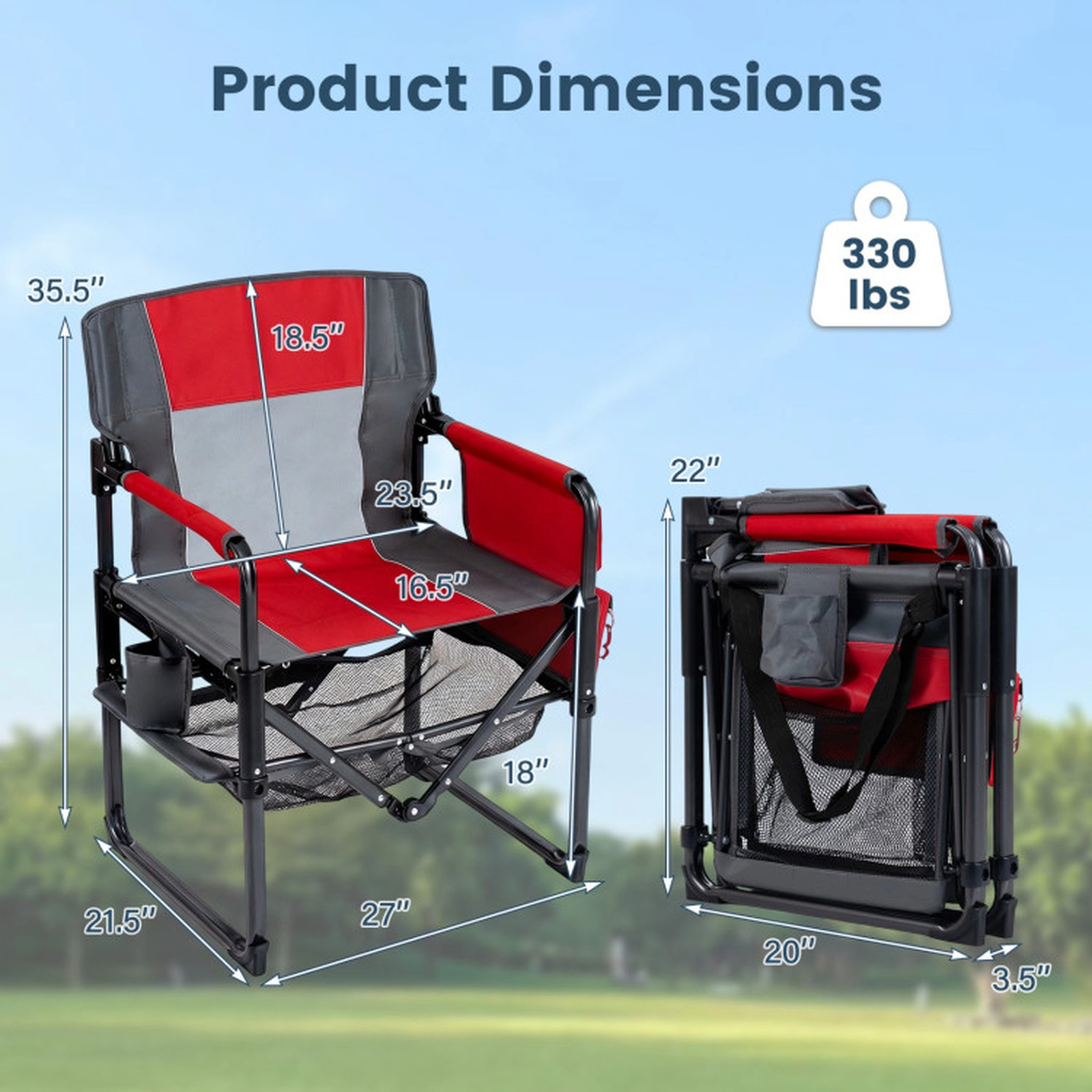 SUGIFT 330-lb Capacity Heavy Duty Folding Camping Chair with Cup Holder Side Pocket Mesh Shelf and Bottle Opener