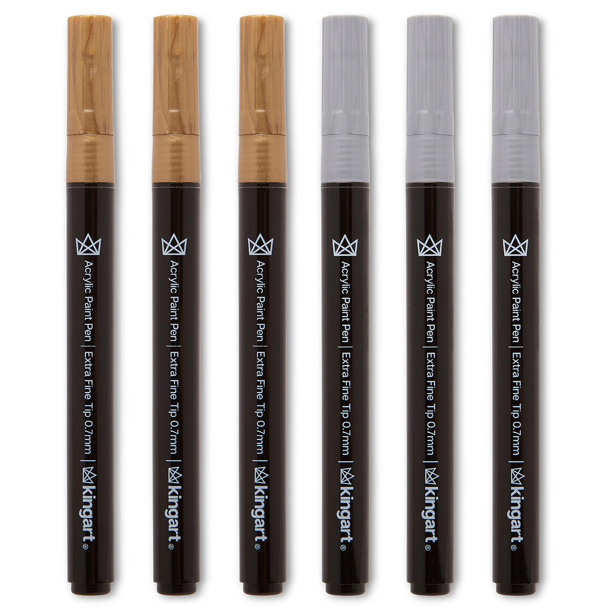 KINGART PRO Acrylic Paint Pens Extra-Fine Tip 0.7mm - Silver & Gold 6 pc