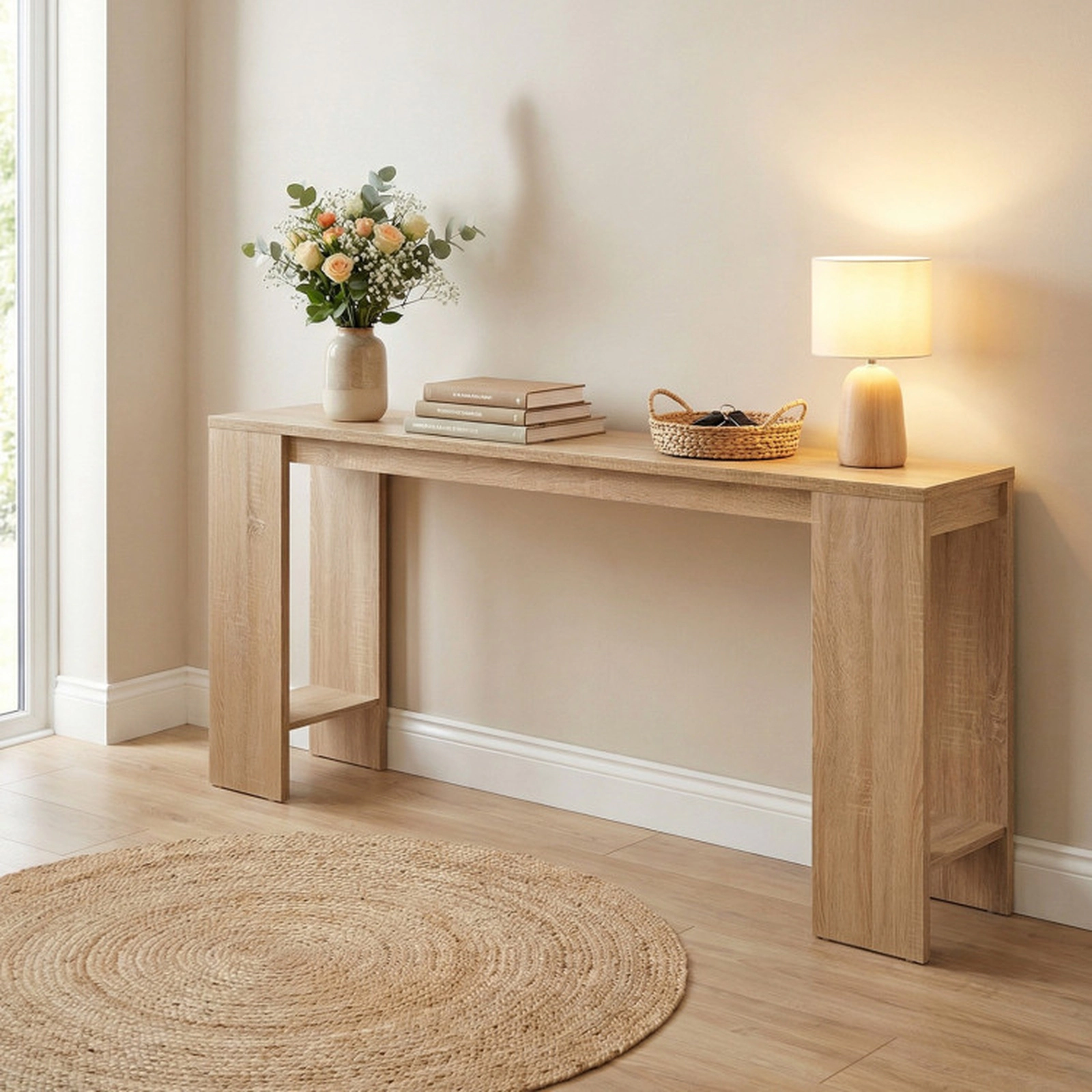 SUGIFT 71-in Extra Long 12-in Narrow 135-lb Capacity Farmhouse Console Sofa Table with Open Bottom Storage