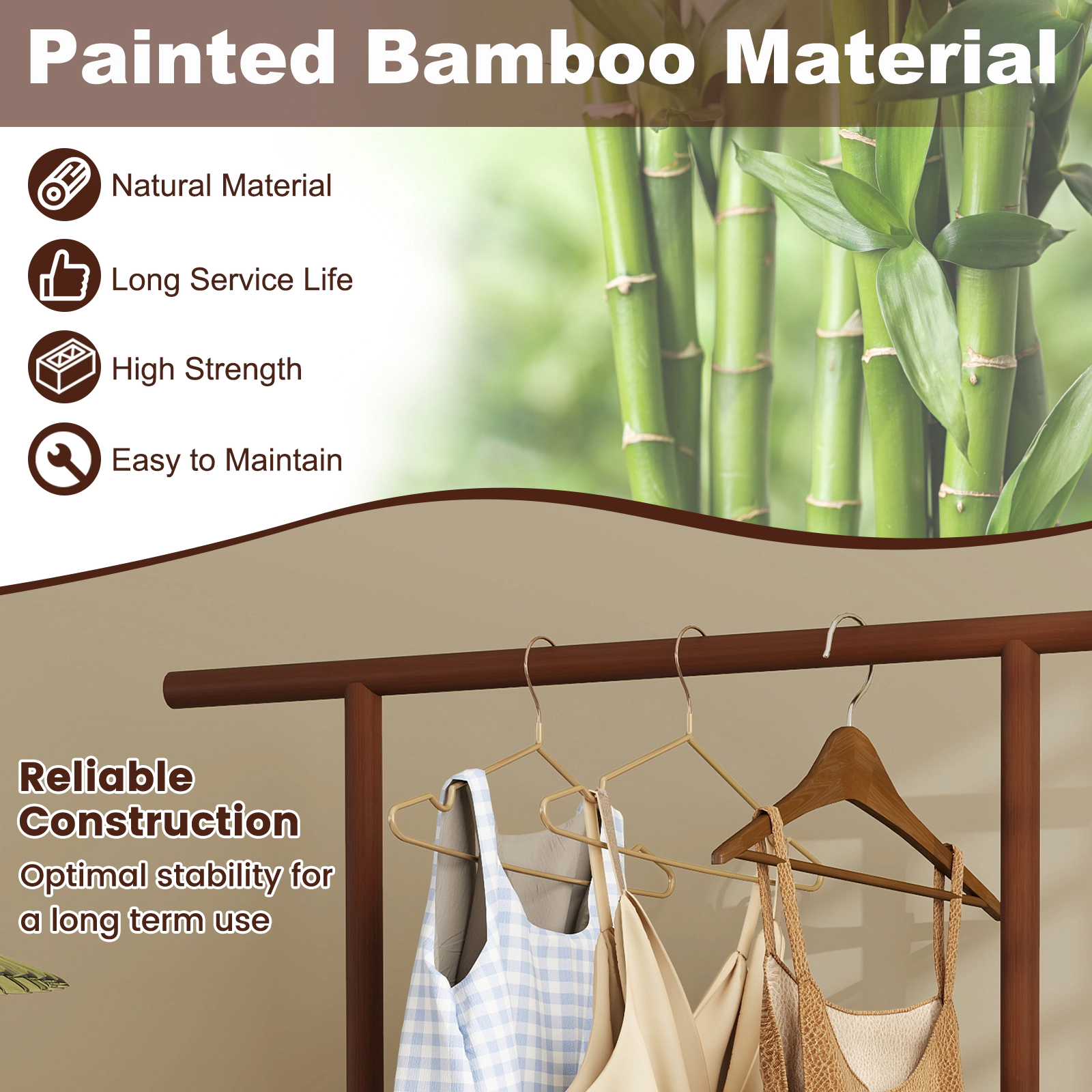 SUGIFT 68-in Freestanding Bamboo Clothes Rack with 15.8-gal Woven Rattan Storage Basket and Wheels