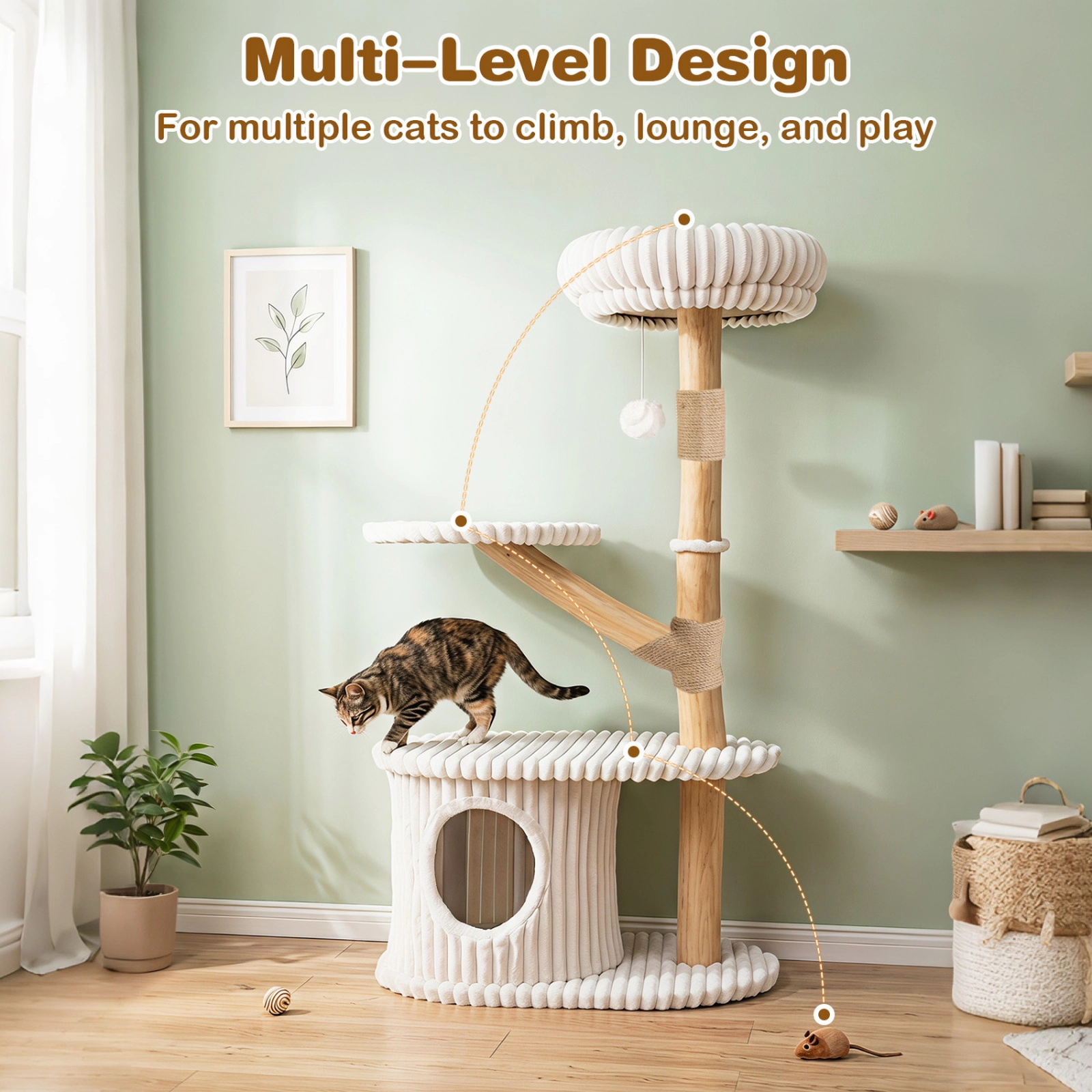 SUGIFT Multi-Level 41-in Tall Modern Cat Tree Tower Real Pear Wood Branches Scratching Posts 22-lb Capacity Indoor Beige