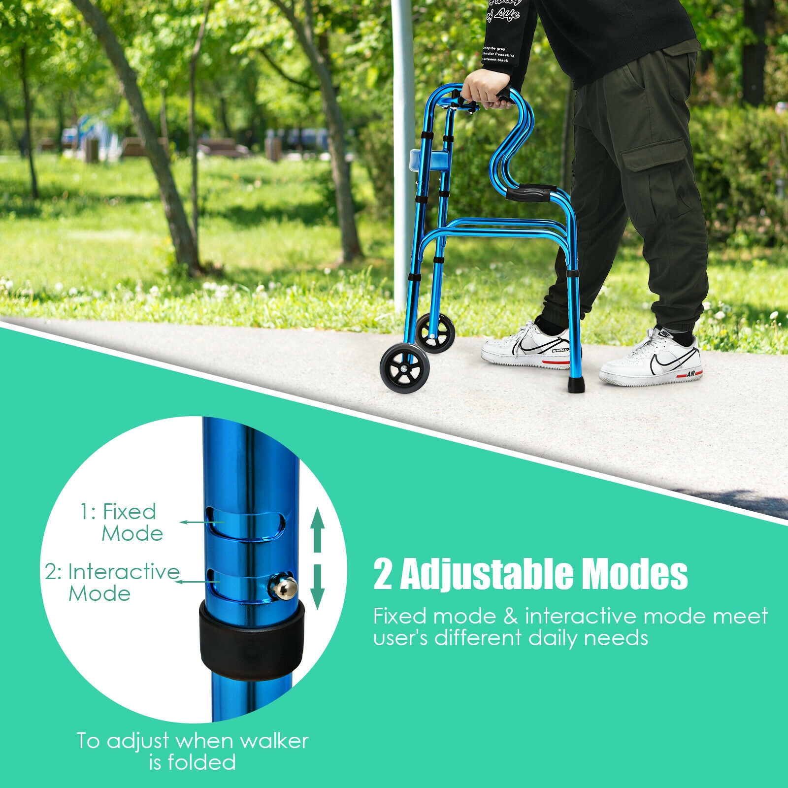 SUGIFT Aluminum Folding Wheeled Stand-Assist Walker 440-lb Capacity Height-Adjustable 25.6-in Wide Blue/Gray 1-Piece