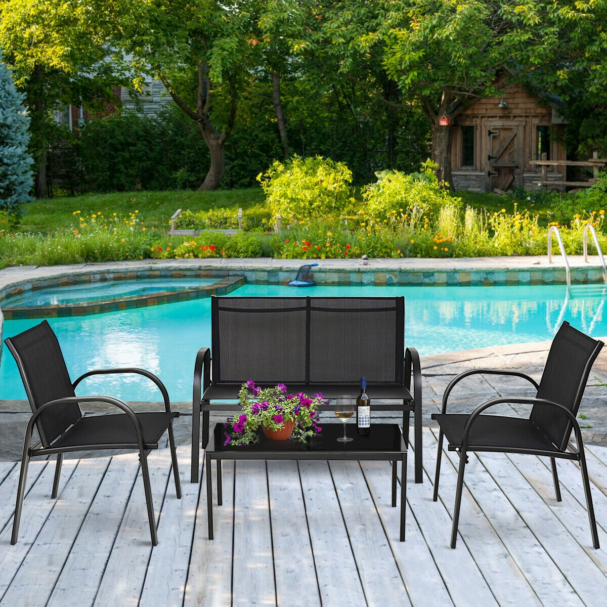 SUGIFT 4-Piece Black Patio Conversation Set, Loveseat, 2 Armless Sofas, Glass-Top Tea Table