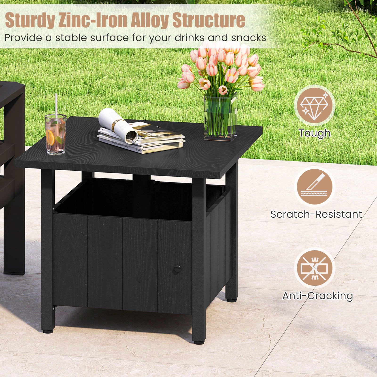 SUGIFT 22-In Black Outdoor Patio Side Table with Umbrella Hole, Base and Storage Door