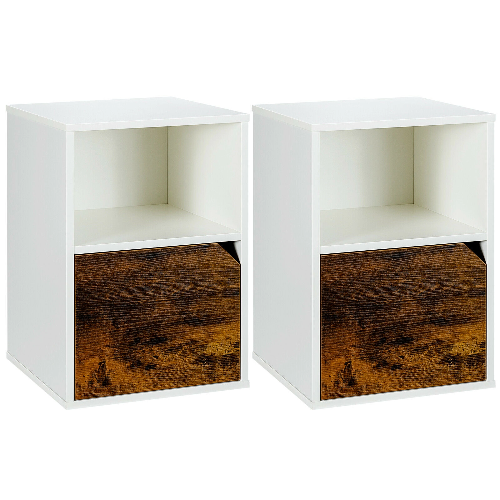 SUGIFT Set of 2 Three-Tier Engineered Wood Nightstands with Open Shelf and Cabinet 66-Lb Capacity Rustic Brown