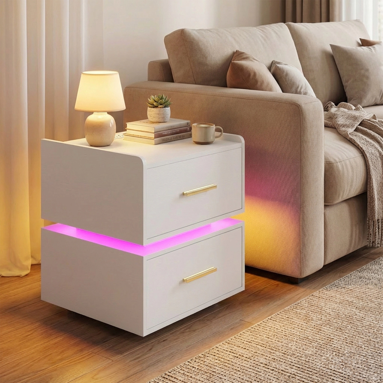 SUGIFT Adjustable RGB LED Light Strip Nightstand with Charging Station 77-lb Tabletop Capacity White