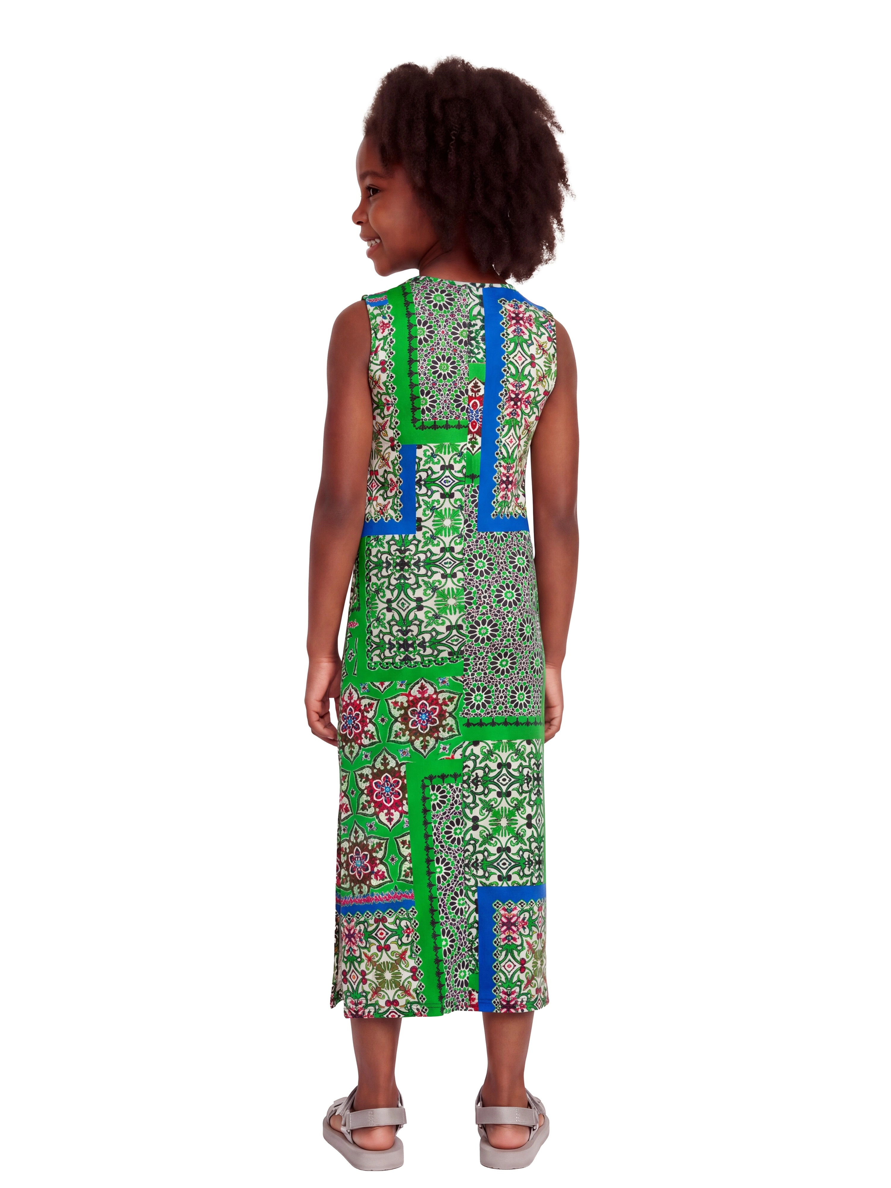 24sevenKid Essential Girls Green Scarf Print Side Slit Maxi Dress