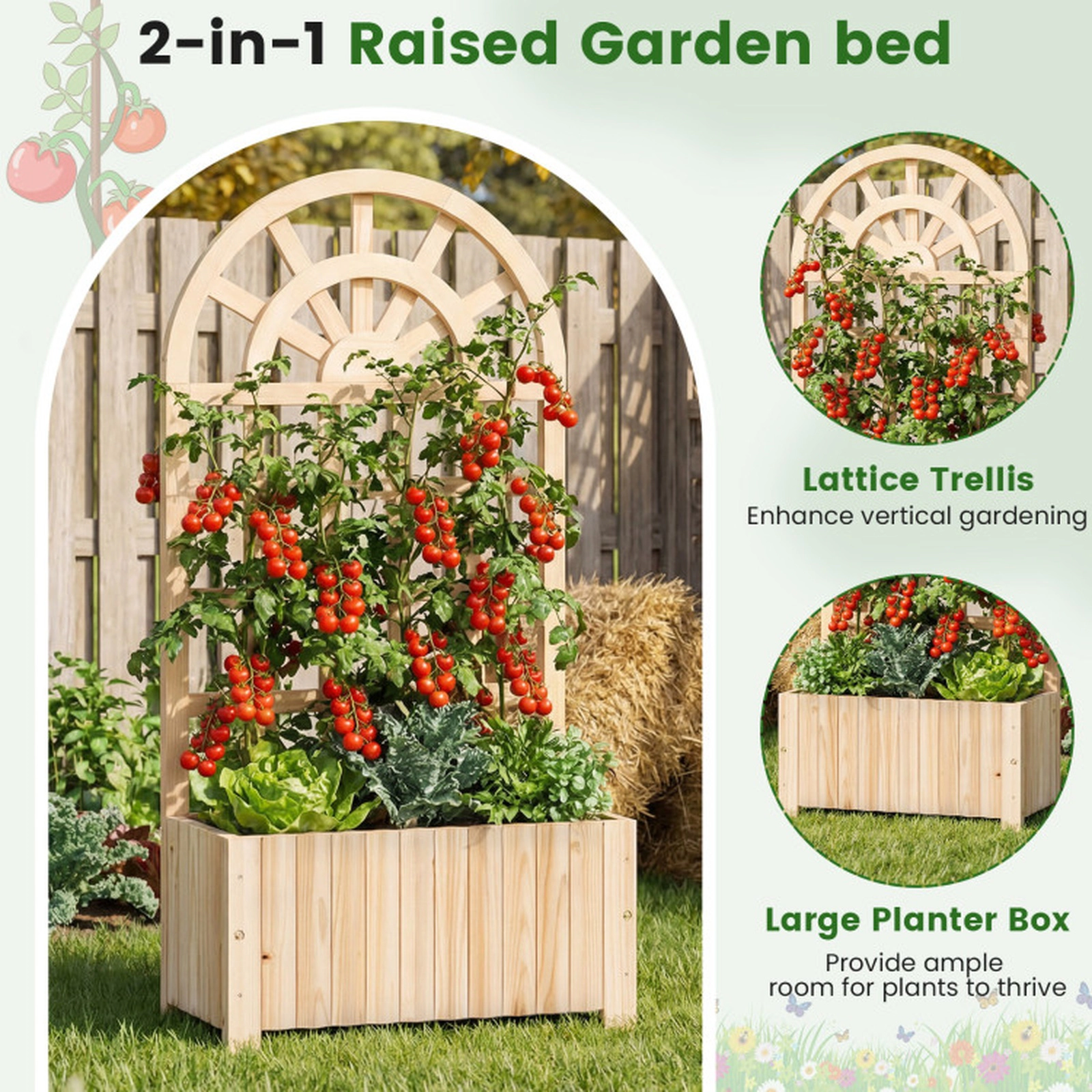 SUGIFT Natural Wood Raised Garden Bed with 48-in Lattice Trellis 24-in W 12-in D 66-lb Planter Box Capacity
