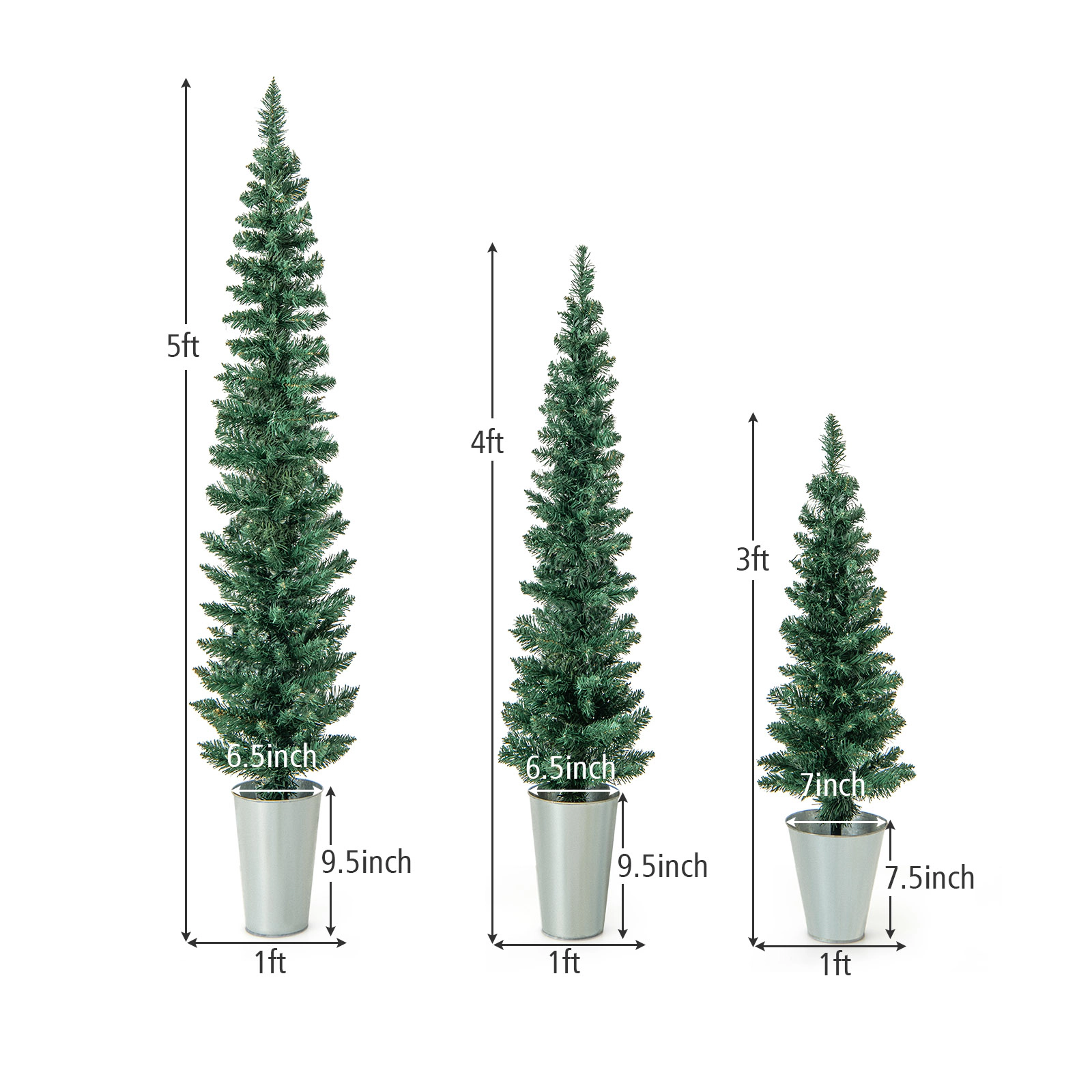 LJG Set of 3 Potted Artificial Christmas Tree with Silver Metal Buckets