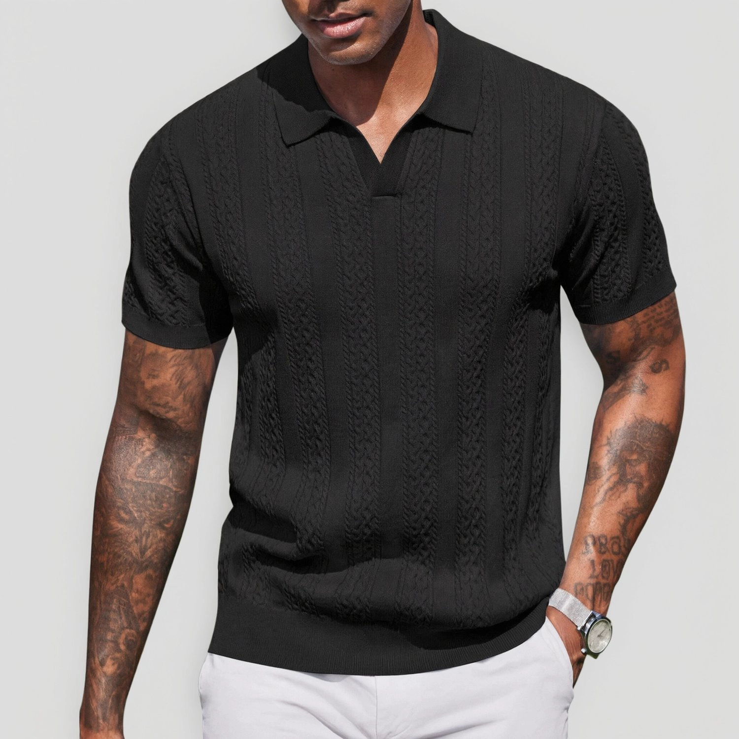 COOFANDY Short Sleeve Knit Polo Shirt V Neck Collared Cable Casual Tops