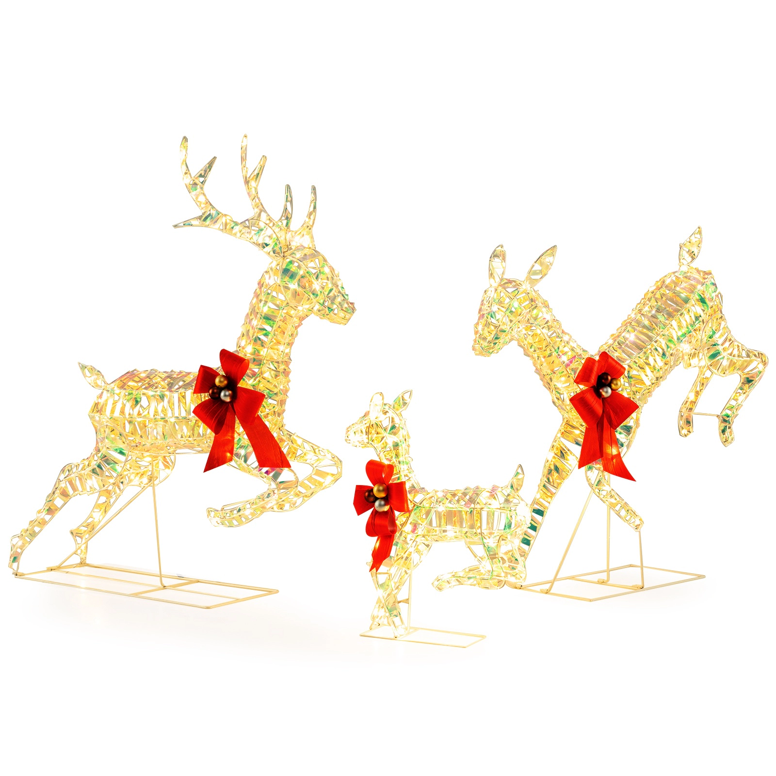 SUGIFT 3-Piece Lighted Christmas Reindeer Family with 230 Warm White LED Lights Bows and Ground Stakes