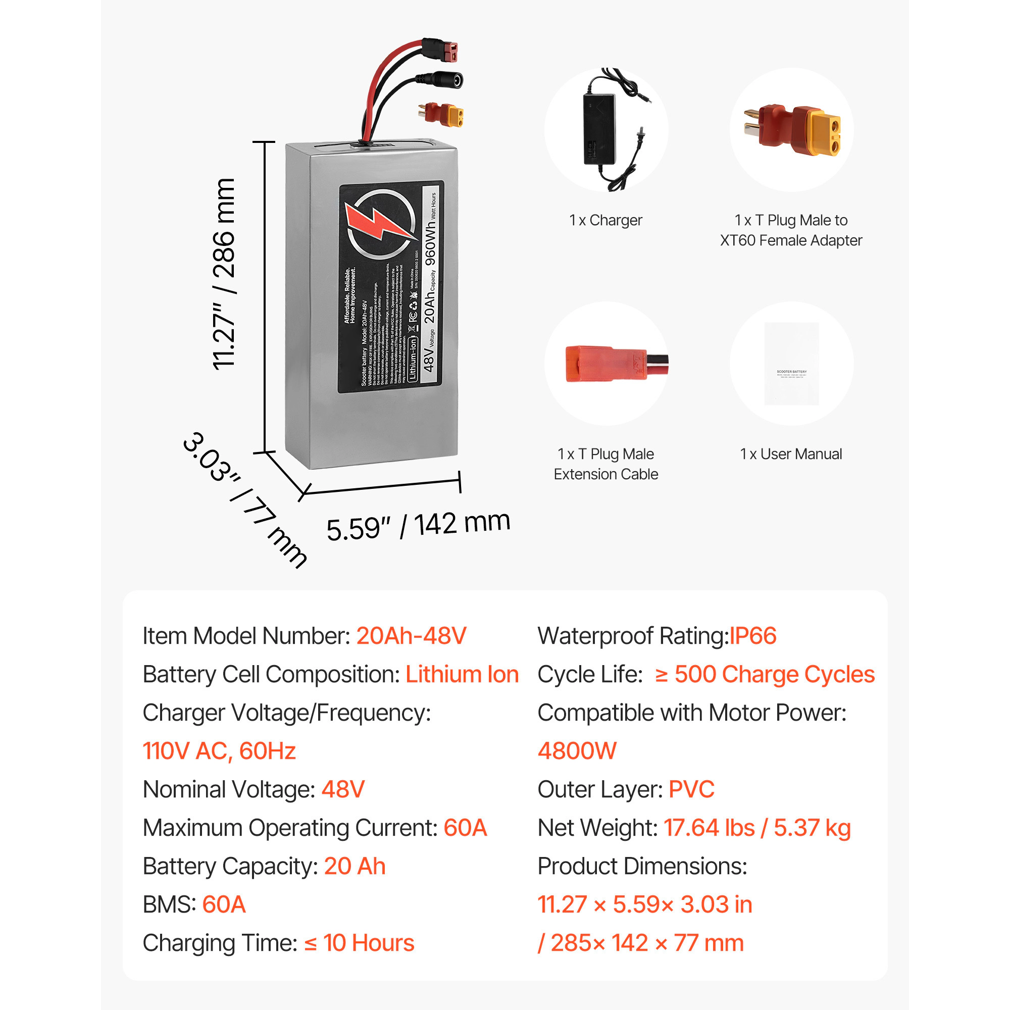 HONGGE Electric Scooter Battery, Ebike Lithium Battery Pack with 30A BMS, Charger, T-Plug Expansion Cable, 500+ Cycles