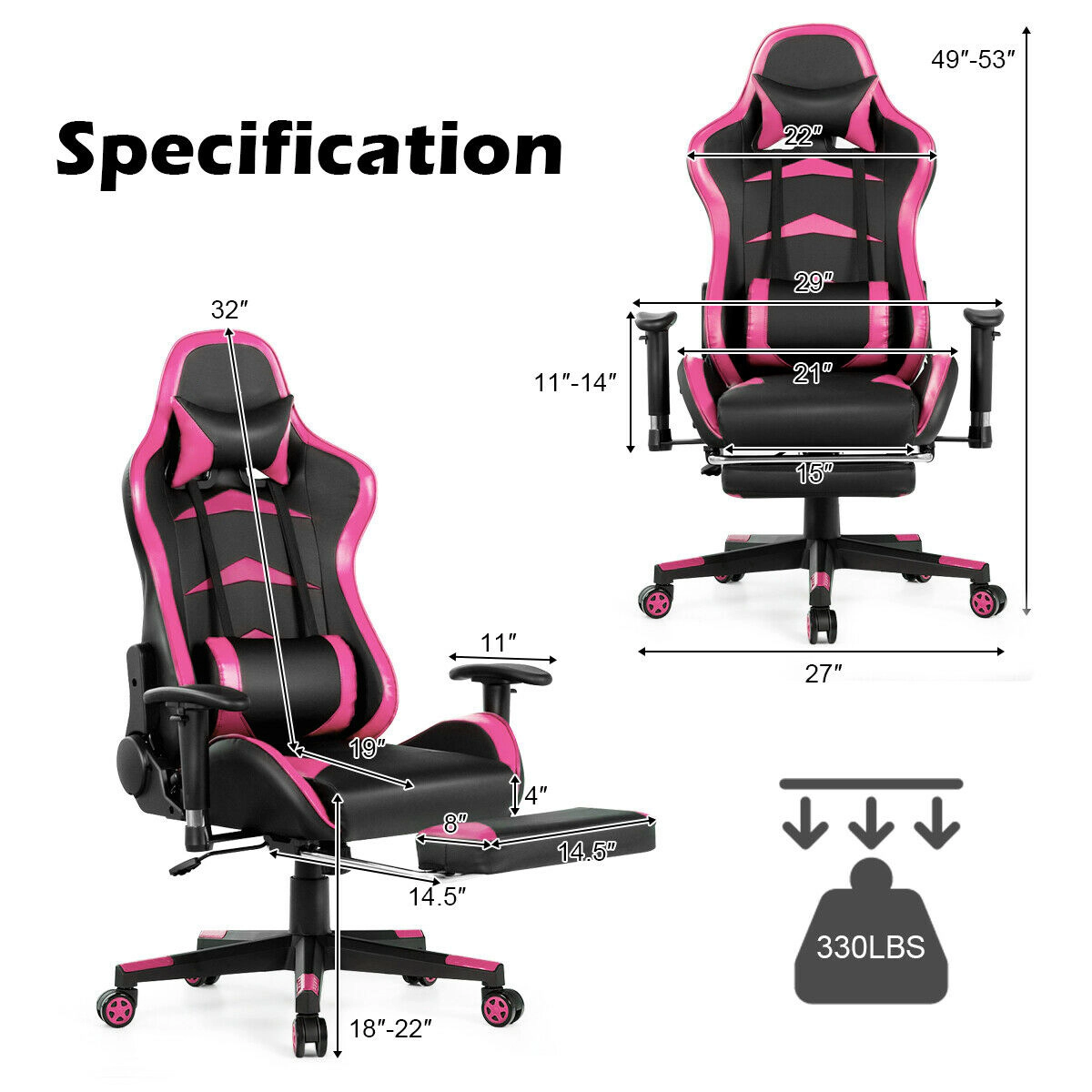 SUGIFT Pink Retractable Footrest and Rotatable Armrests Massage Gaming Chair