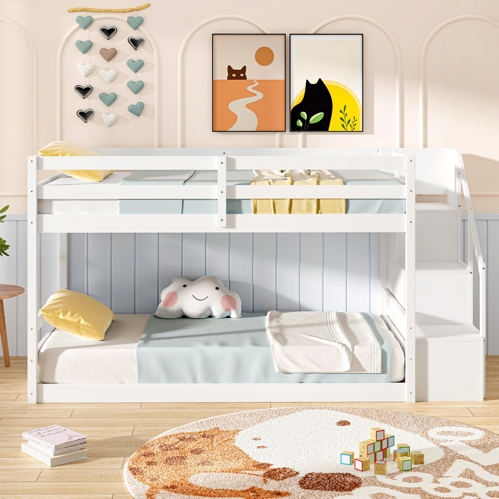 SUGIFT White Storage Stairs and 3 Compartments Twin Over Twin Kids Low Bunk Bed